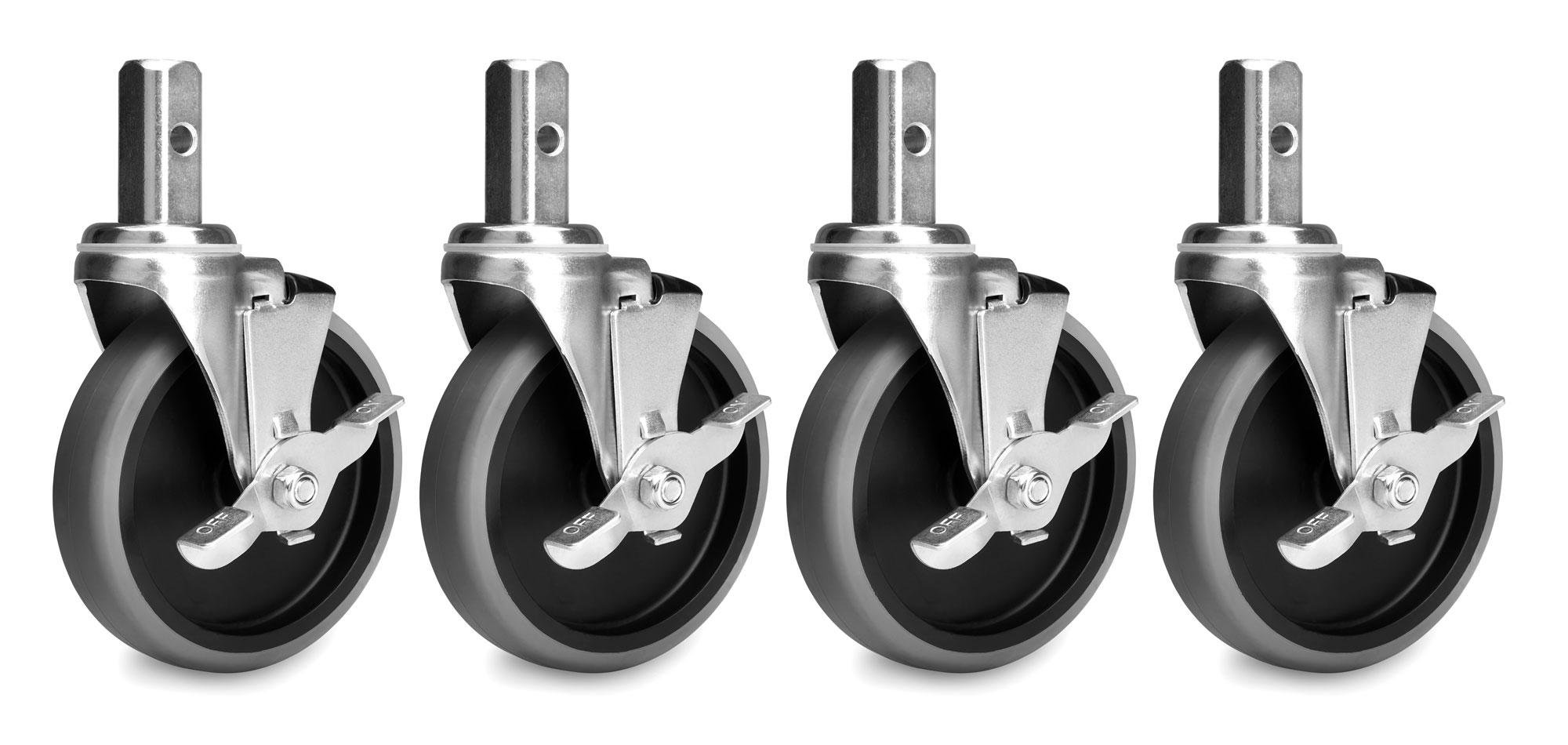 Set 4 ruote Stagecaptain 125 mm con freno, robuste per retrofit, carico 100 kg, gomma dura 26 mm, orientabili. Set da 4 pezzi.