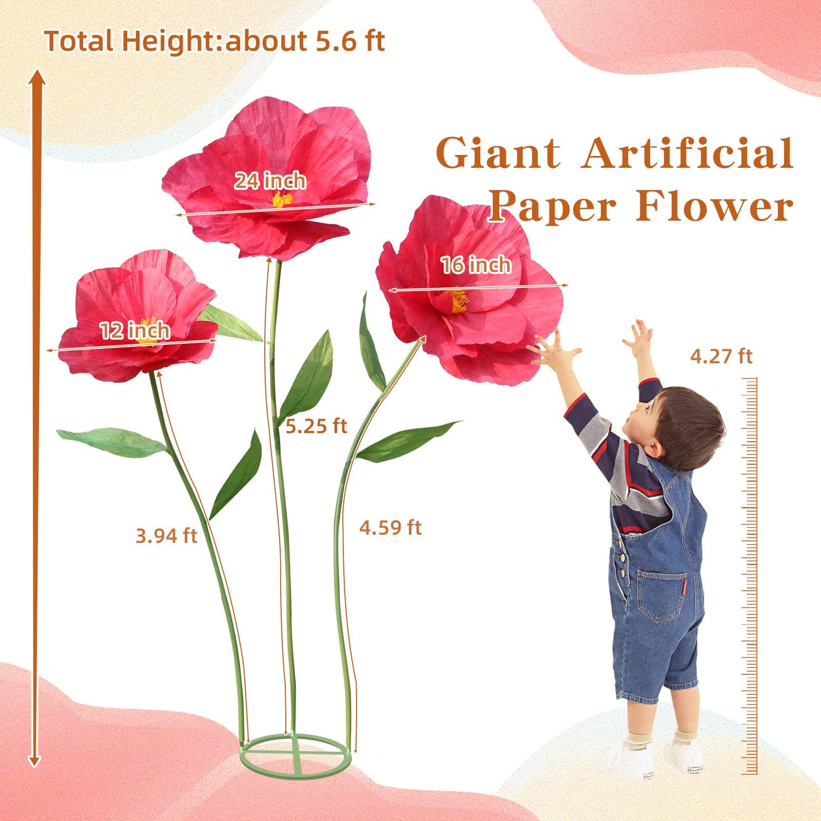 Flores artificiales de papel grandes de 5.9 pies, flores gigantes para decoración, enormes flores de amapola hechas a mano para jardín, hotel, oficina, accesorios de fotografía, boda, galería de arte,