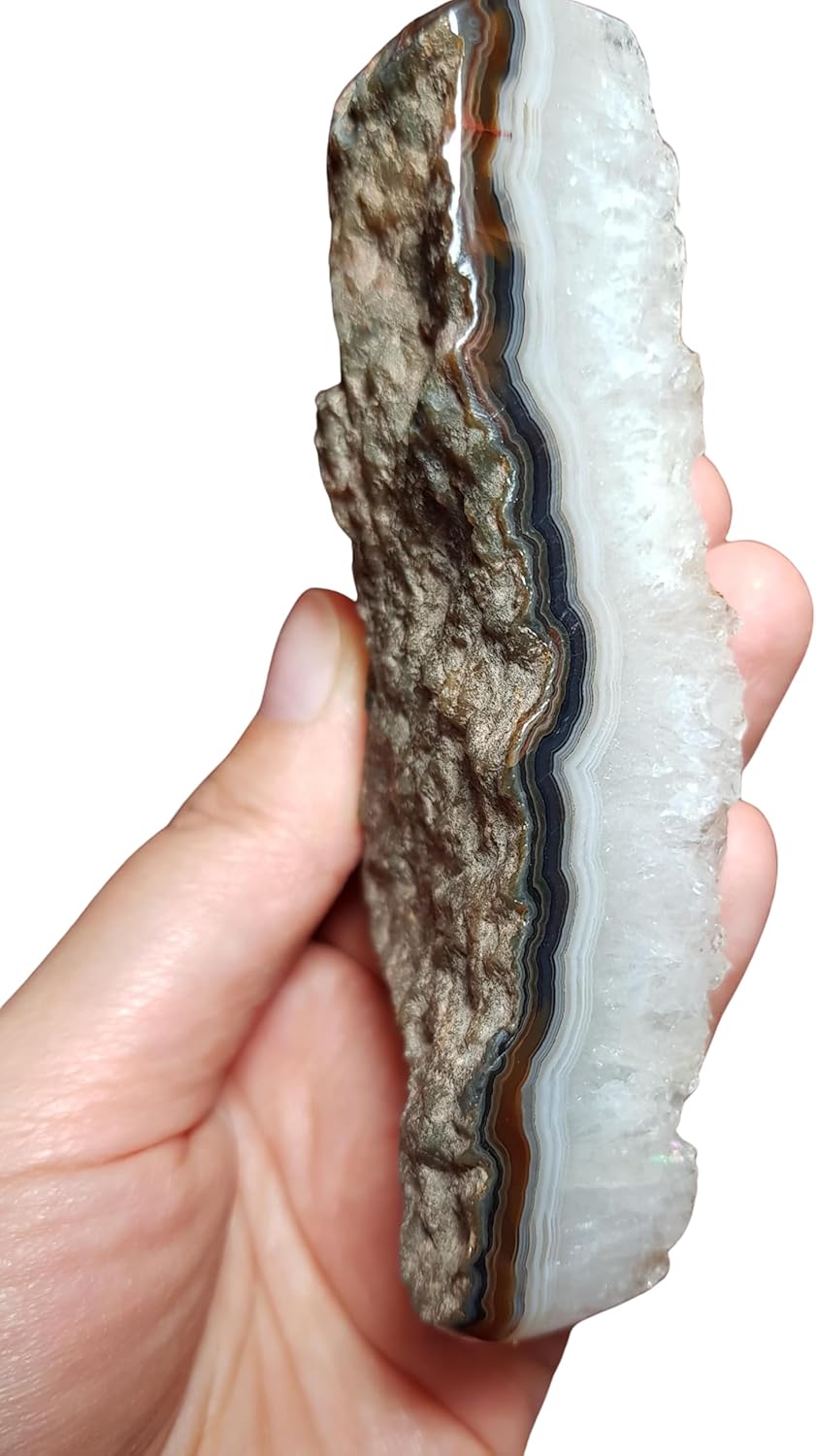 High-Contrast Banded Agate Specimen - Polished Slice with Natural Quartz Edge - Stone of Balance & Detail