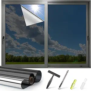 Kromapolis One Way Window Privacy Film Reflective Mirror Home Window Tint, Daytime Privacy Heat Control Anti UV Glass Tinting Static Cling (Black-Silver, 23.6 x 157.4 inch)