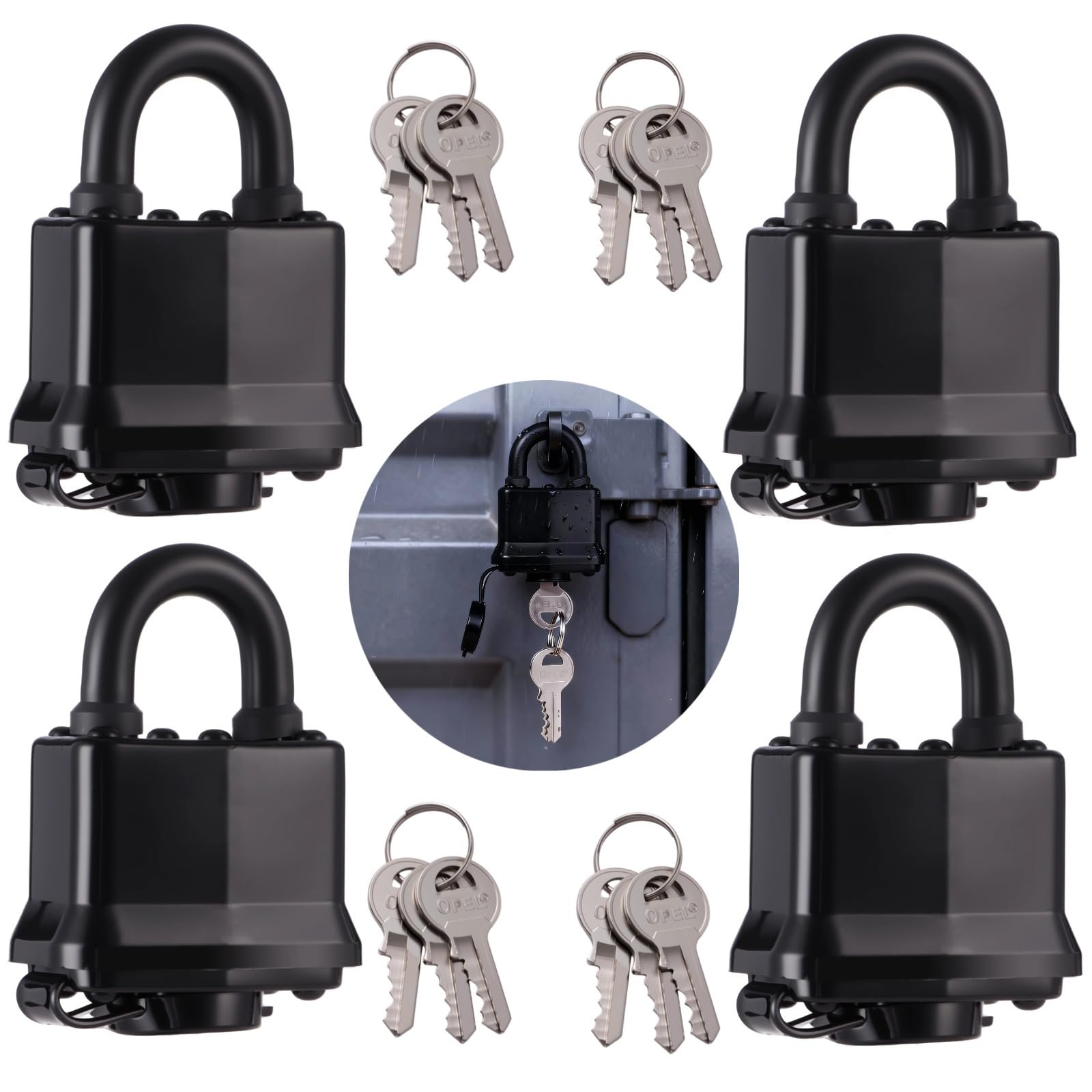 Wasserdichte Vorhängeschlösser, robust, 0,8 cm Bügelschlösser, Diebstahlschutz-Vorhängeschlösser mit Schlüssel, für Tor, Zuhause, Schrank, Schwarz, 4 x 1 x 1 x 6 cm, 4 Stück