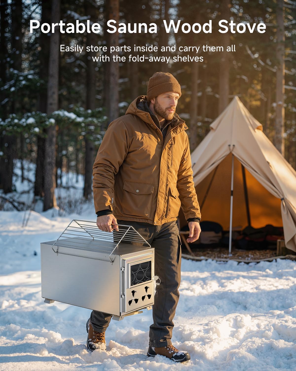 Sauna Hot Tent Stove, Camping Wood Burning Stove with 8 Stainless Chimney Pipes, Portable Folding Wood Stove for Tent, Outdoor Heating, Cooking, Ice Fishing, Hunting