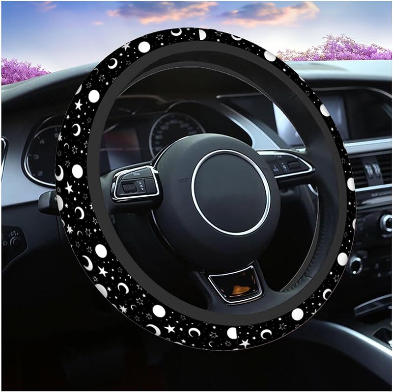 Capa para Volante Swono com Estampa de Estrelas e Luas, Neoprene, Preta e Branca, 38,1 cm
