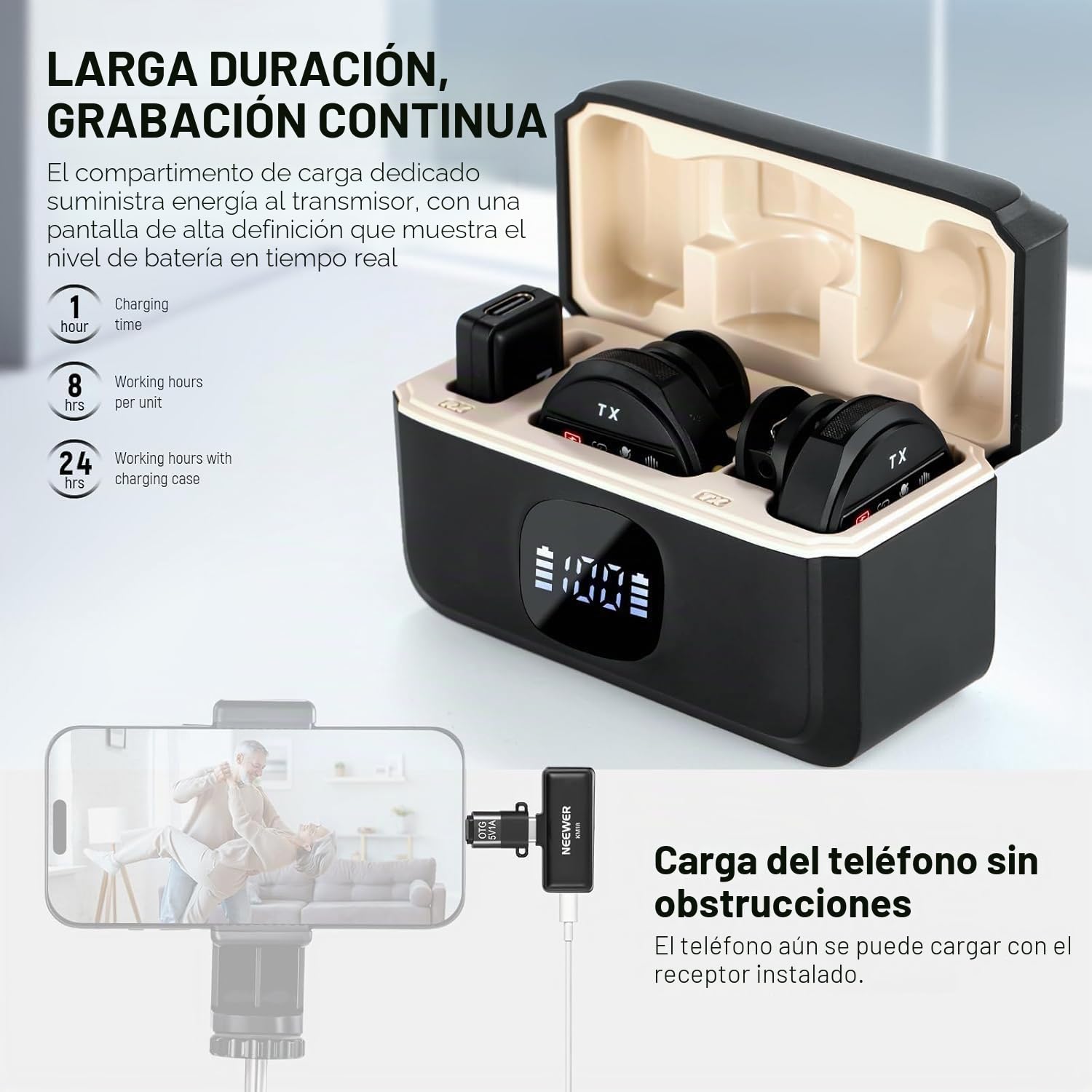 NEEWER Micrófono Lavalier Inalámbrico para USB C con Estuche Carga,Compatible con iPhone/Android/PC/Laptop,Mini Micrófono Solapa 48KHz/24Bit,Cancelar Ruido Batería 24H para Grabación Vlog Vivo, KM18