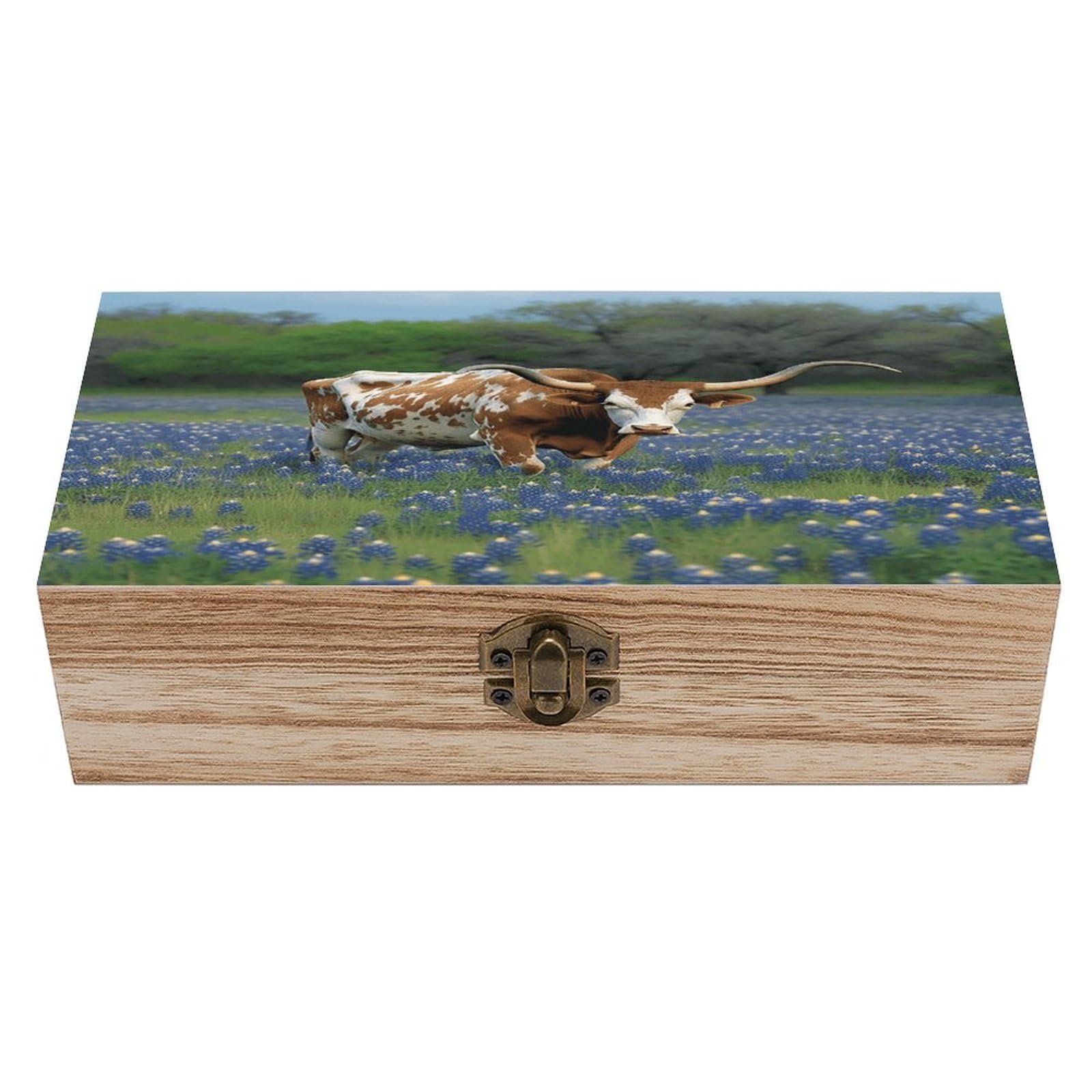 VstaDank Bluebonnet Longhorn Wooden Storage Box Wooden Keepsake Box with Hinged Lid Exquisite Solid Wood Decorative Jewelry Case Memory Box for Jewelry Photos Letters Crafts Trinkets