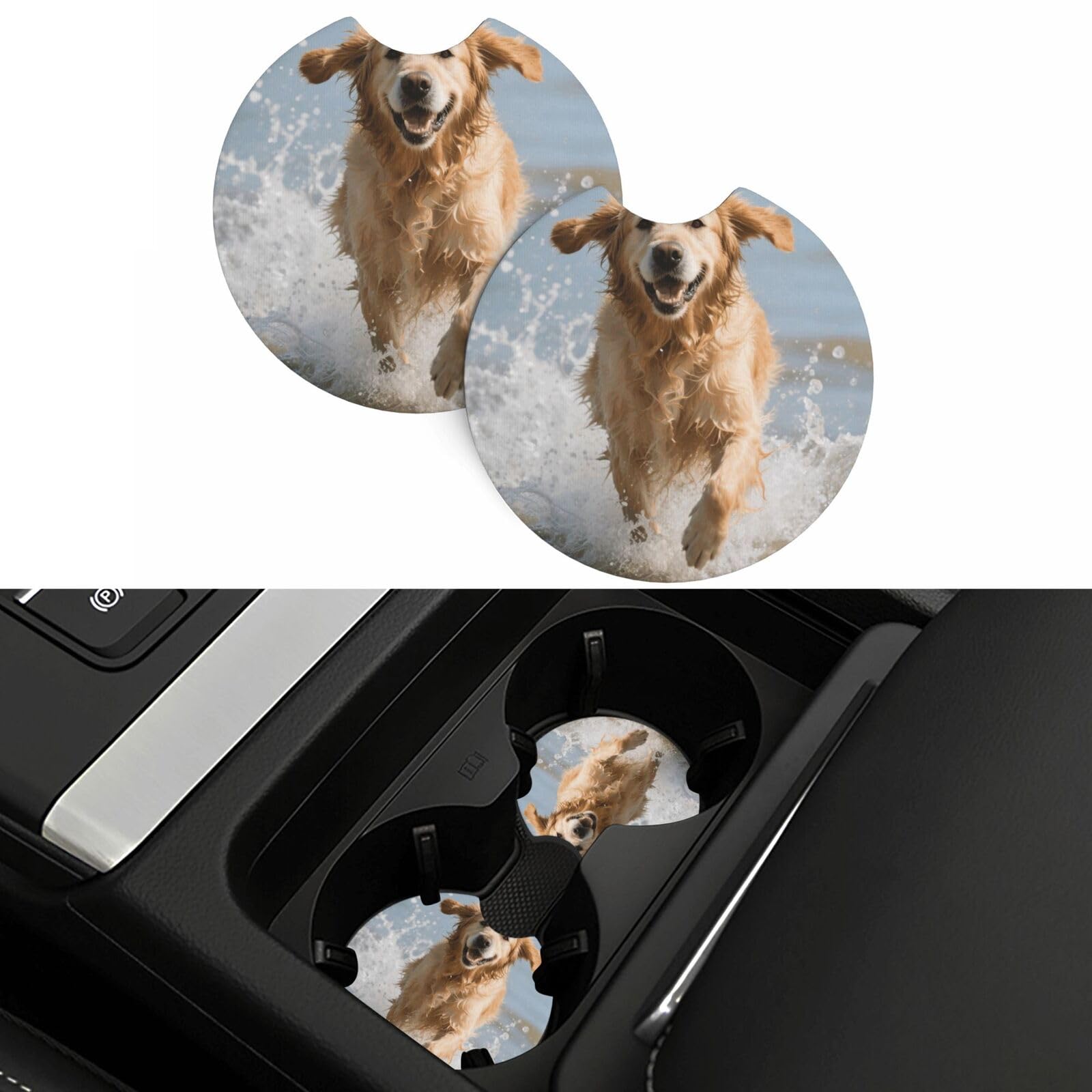 2 Pack Car Coasters,2.7" Universal Car Cup Holder Coasters Non-Slip Neoprene Cup Pad Mat Coaster Car Interior Accessories for Women Men Cute Golden Retriever