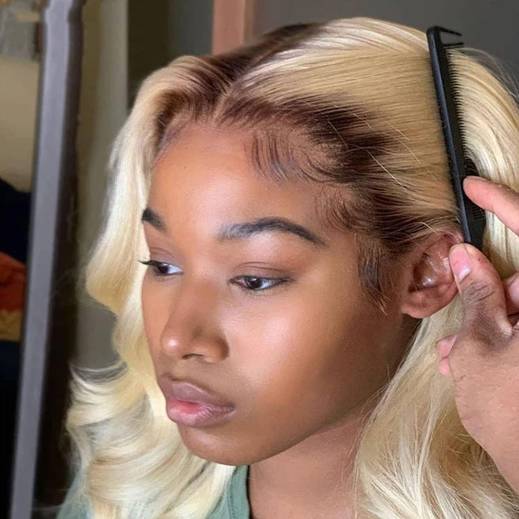 Straight #613 Blonde Human Hair Wigs With Dark Brown Root Brazilian Virgin Remy Ombre Color #4/613 Lace Front Wigs Free Part 130% Density 12inch