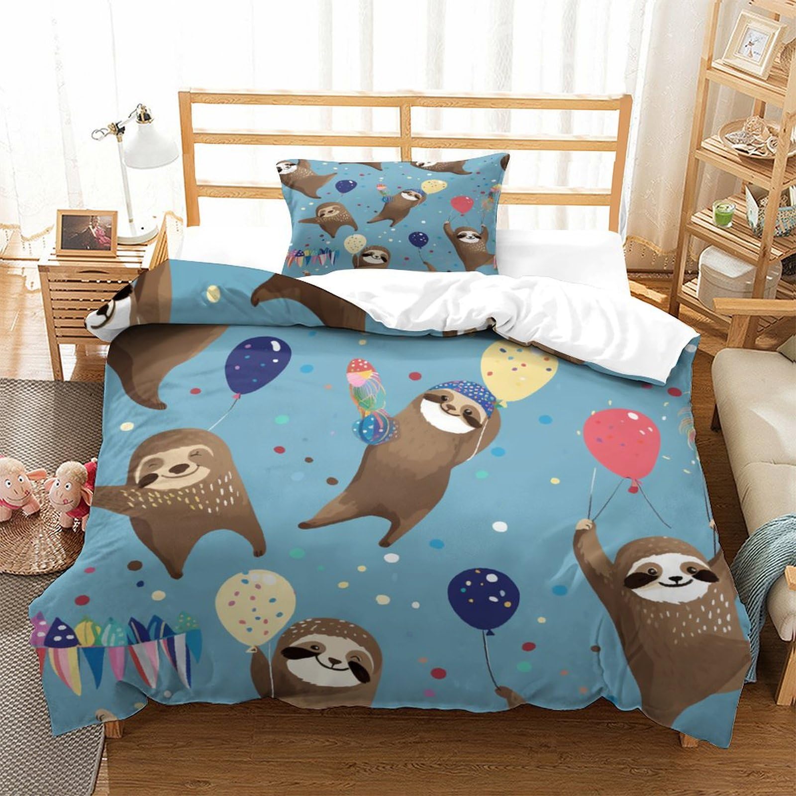 P1S9U7W5Y Cute Sloth Cartoon 3D Printed Duvet Cover Set 3pcs Microfiber Balloon Bedding Set Single
