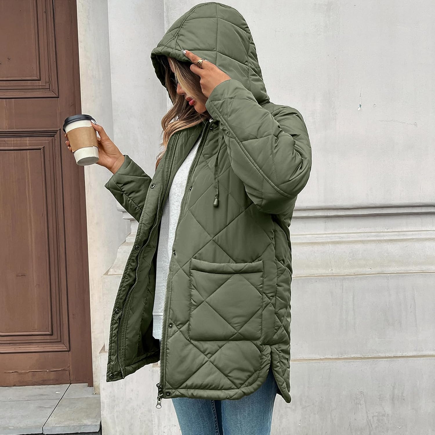HOTIAN Womens Quilted Puffer Jackets Hooded Long Sleeve Full Zipper Casual Winter Lightweight Diamond Coats with Pockets - Image 2