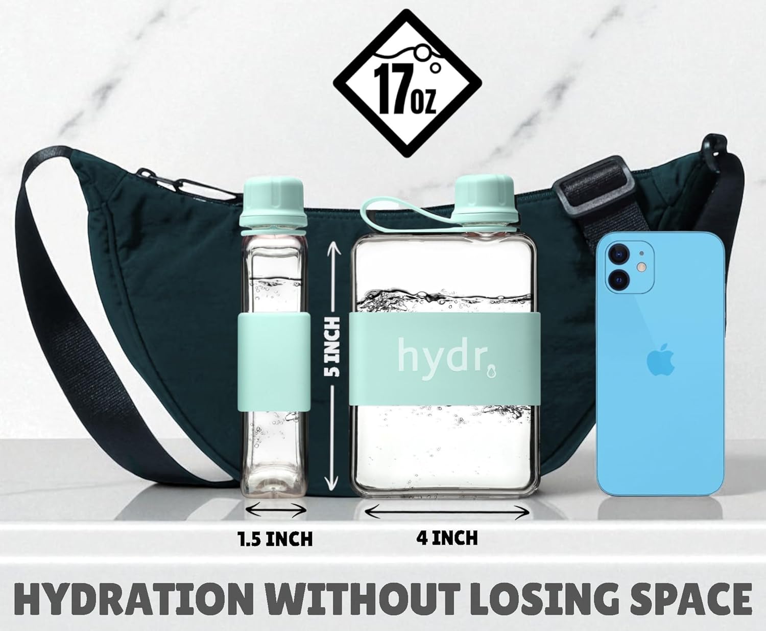 hydr | 17oz Flat Water Bottle For Purse & Flexible Cleaning Brush | Tritan BPA Free Square Water Bottle | Leak/Drop Proof Slim Water Bottles For Travel, small water bottles mini - Image 3