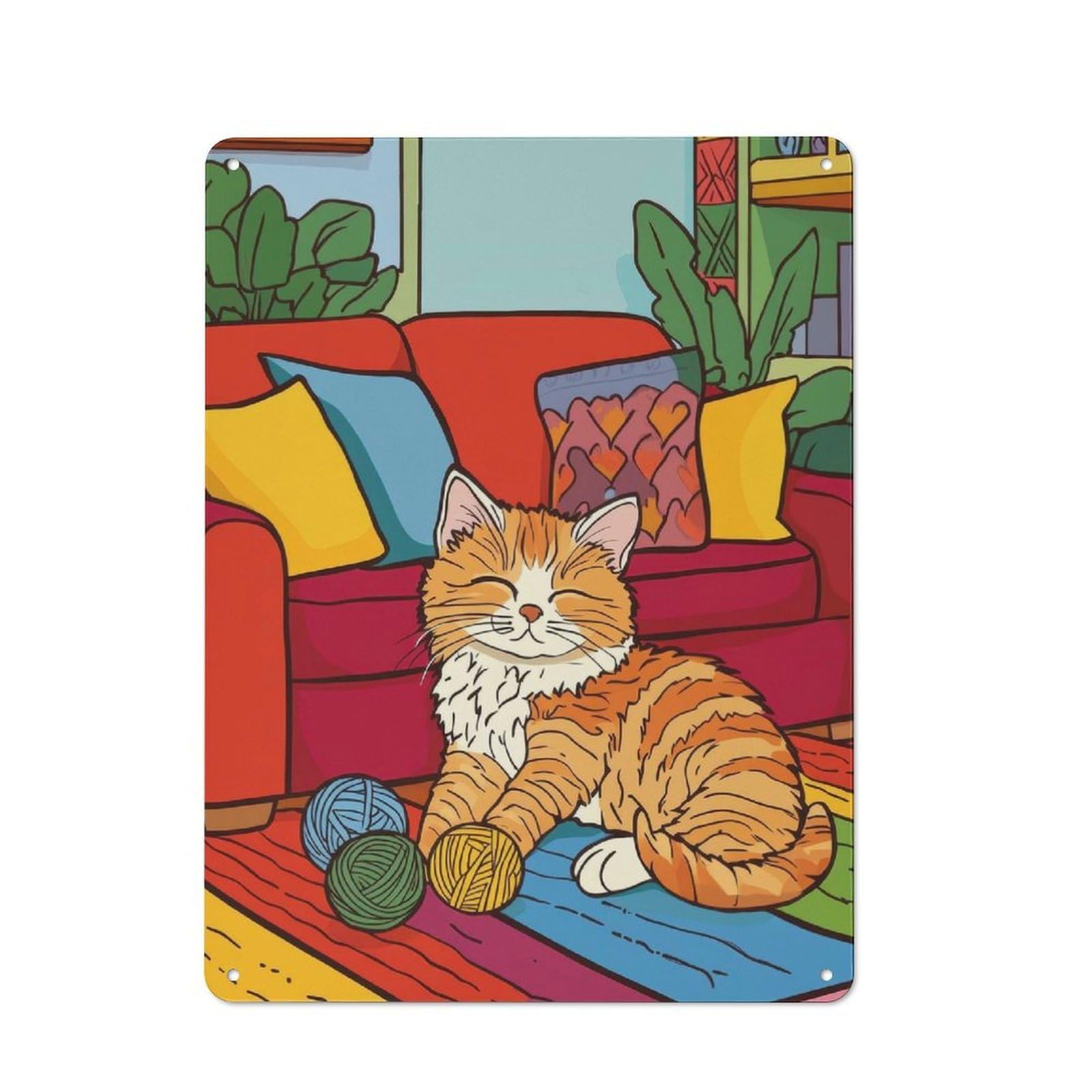 Junmoney Cute Cat On A Couch Vintage Vintage Metal Sign 40X30cm Featuring Room Wall Plaque For Flat, Dorm Room, Lounge Or Cafe