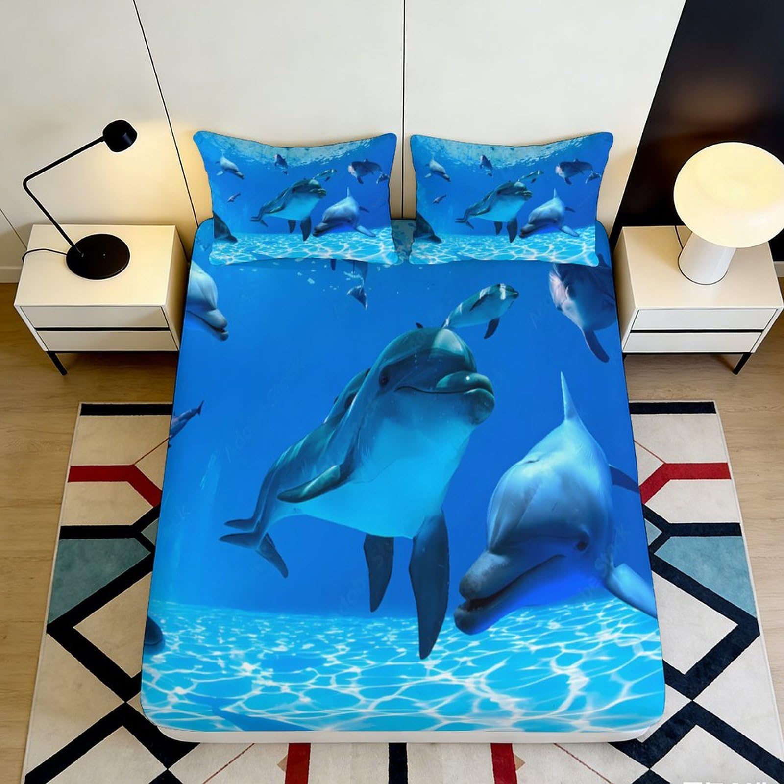Jqzkxnhpbr Style-1 3D Printed Ocean Dolphin Fitted Sheet Microfiber Soft Blue Underwater Shark Mattress Cover Bedroom Home Decor 90X200x25cm