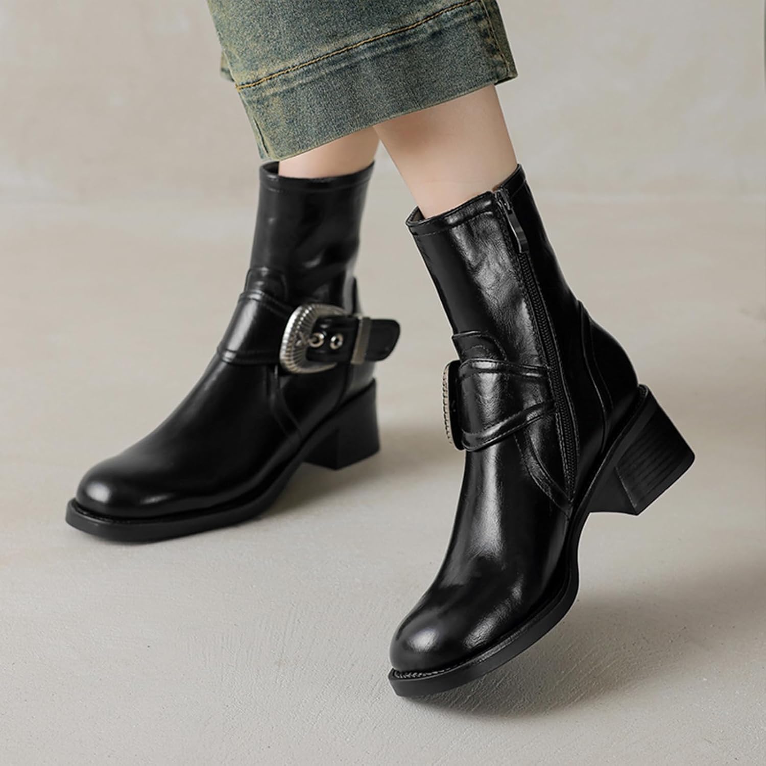 Women's Faux Leather Chunky Low Heel Combat Boots Retro Round Toe Side Zipper Buckle Strap Fashion Chelsea Boots
