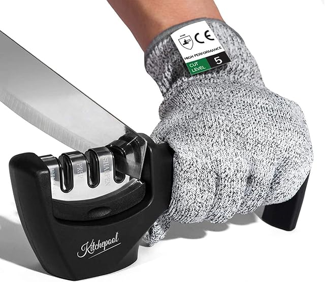Smart 4-in-1 Sharp Knife Sharpener Kit with Cut-Resistant Glove, Professional 3-Stage Manual Quality Kitchen Knife Accessories to Repair,Ergonomic Design, Black/Chrome Finish(Black)