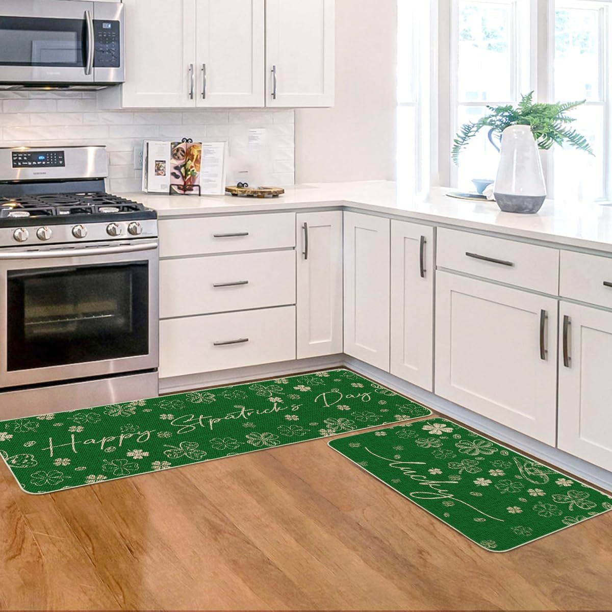 Artoid Mode Green Shamrock Clover St. Patrick's Day Kitchen Mats Set of 2, Home Decor Low-Profile Kitchen Rugs for Floor - 17x29 and 17x47 Inch