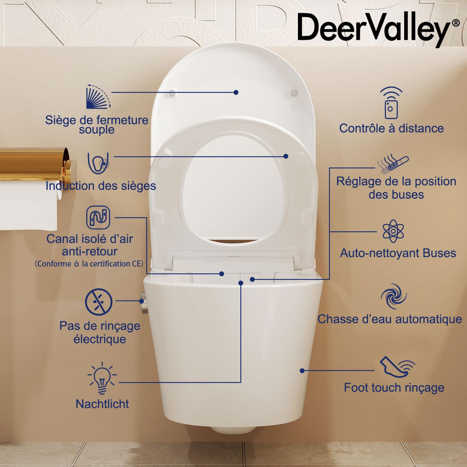 Toilette Japonaise Complète avec Fonction Bidet (Incluant Bâti-Support), Siège Chauffant, Buse Autonettoyante, Chasse d'Eau Automatique et Télécommande WC Intelligent Moderne avec Douche Intégrée