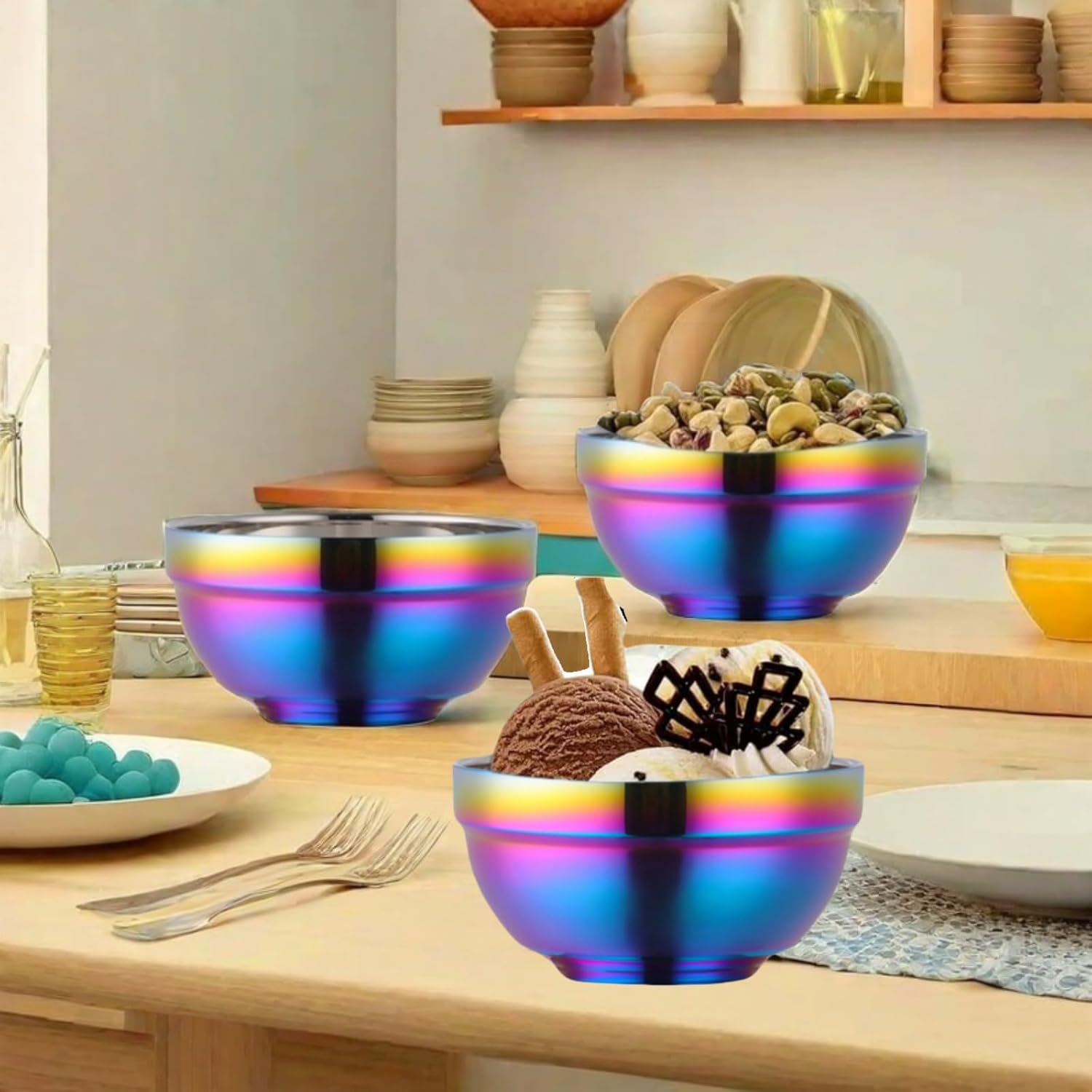 Rainbow Bowl Set of 6, 304 Stainless Steel Dinnerware Metal Double-walled Insulated Cereal Bowls for Eating Kitchen, Dishwasher Safe and Unbreakable