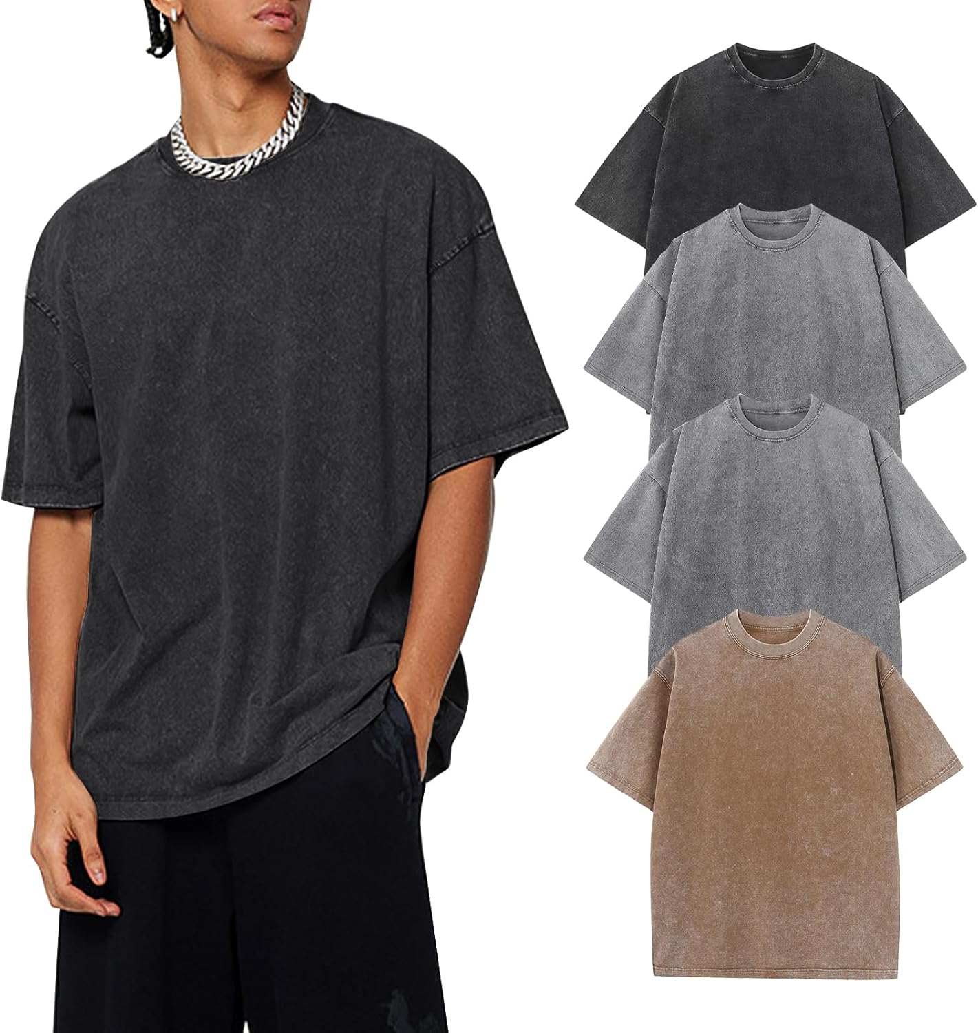 4 Pack Oversized Tshirts for Men Acid Wash T-Shirts Vintage Heavyweight Shirt Cotton Tees(BlackGreyGreyKhaki-L)