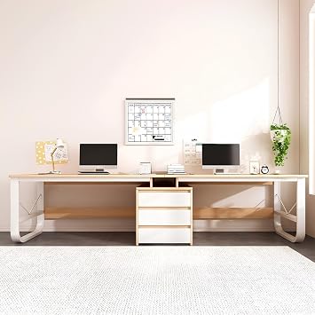 Large Double Desk for 2 People, 94.48in Gaming & Workstation with Drawers, Natural Wood Writing Table, Ideal for Home Office & Study