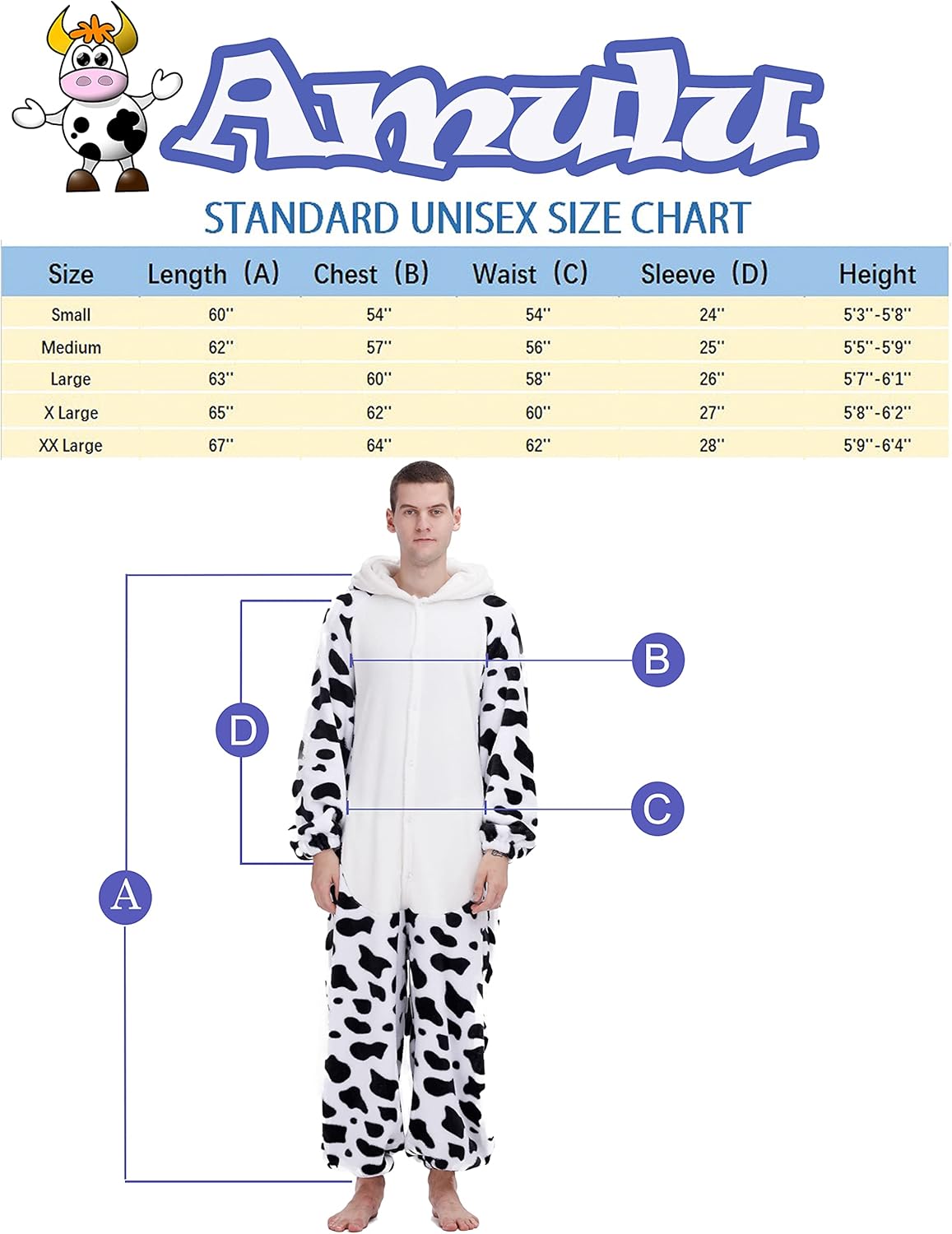 Cow Adult Onesies Animal Pajama Amulu Unisex One Piece Party Holiday Costume : Clothing, Shoes & Jewelry