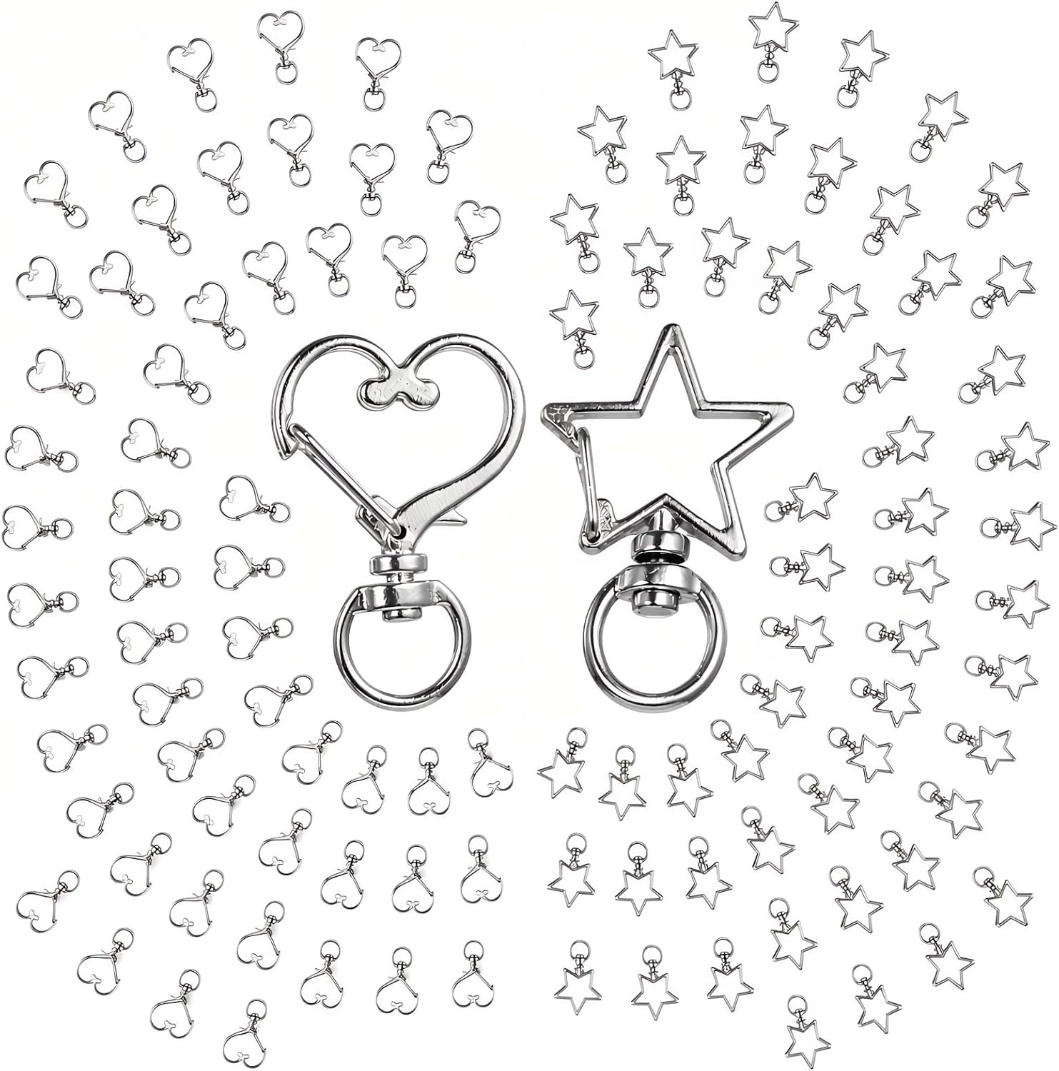100 Pcs Lobster Clasps, Spring Snap Hook Clips for Keychains, Bag Accessories, Silver Metal Star & Heart Shape Claws, Lobster Claw Clasps for DIY Jewelry Making