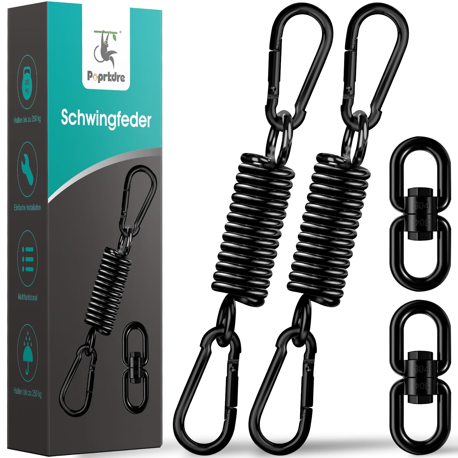 Schwingfeder Stahlfeder, Tragfähigkeit bis 250kg, Schwingfeder Hängesessel mit 2 Karabinerhaken, Aufhängefeder, 360° Swivel Haken für Hammock Hängeliege Hängestühle, Schwarz (2 Pack)