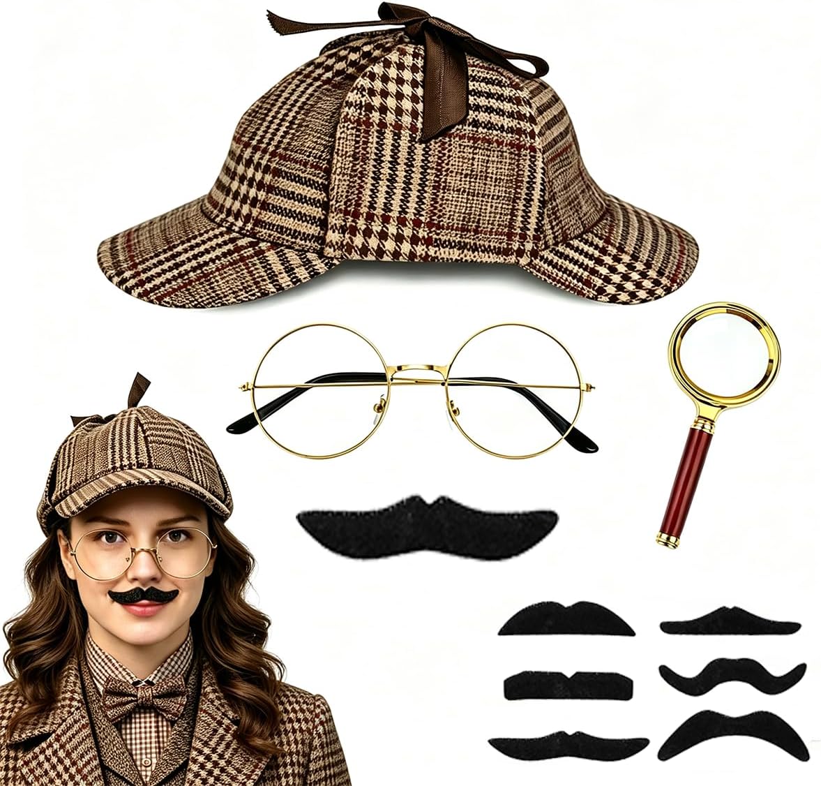 Detective Hat Costume Accessory Set, Spy Dress-Up for Halloween Cosplay