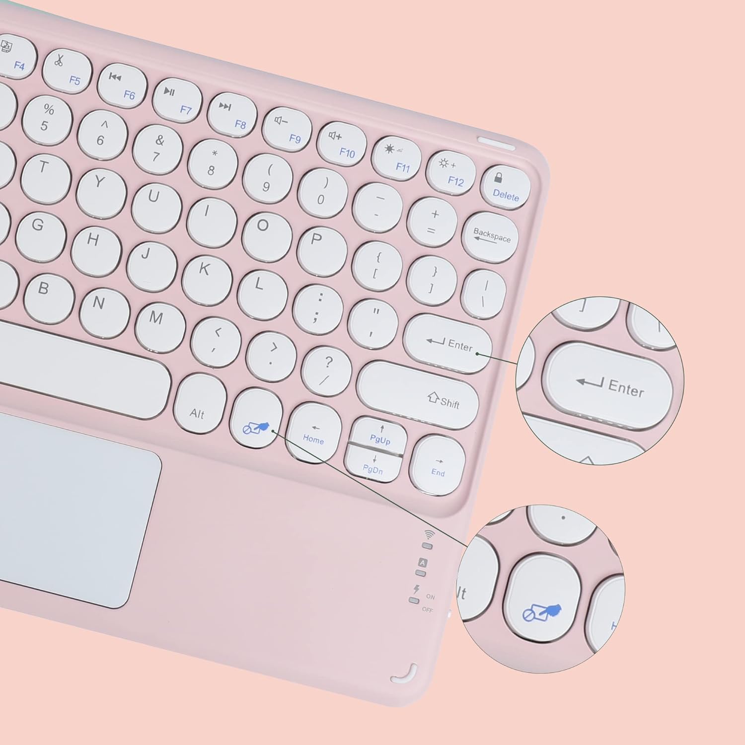 Wireless Bluetooth Keyboard with Touchpad, 10 Inch Ultra-Thin Rechargeable Mini Portable Office Travel Wireless Keyboard, Round Key, for iPad/iOS/Mac/Android/Windows,Gift for Kids Girl Student(Pink)