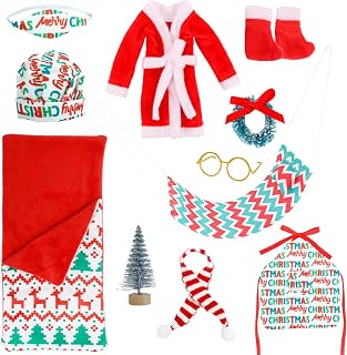 LUWREVC 11 PCS Elf on The Shelf Accessories, Elf on The Shelf Sleeping Bag Set with Christmas Plaid Sleeping Bag, Red Bathrobe, Glass, Apron and Chef Hat, Elf on The Shelf Kit for Elf Doll Decorations