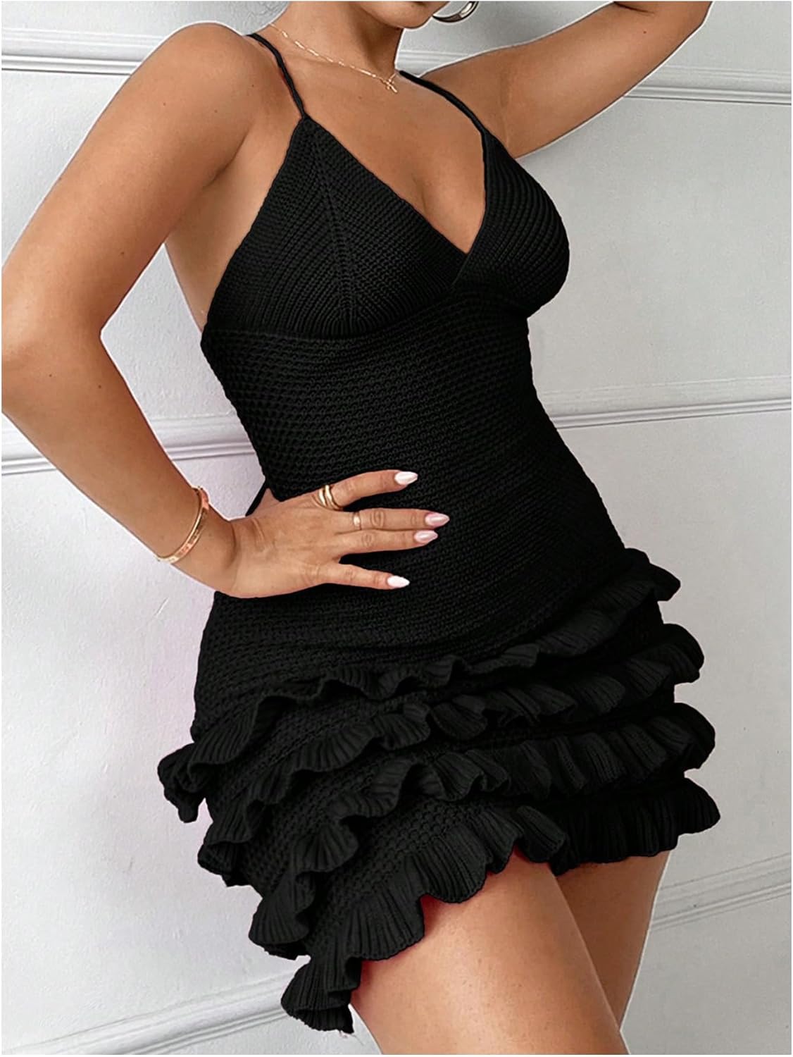 WDIRARA Women's Crochet Layered Ruffle Bodycon Mini Dress Criss Cross Sleeveless V Neck Cami Dresses - Image 5