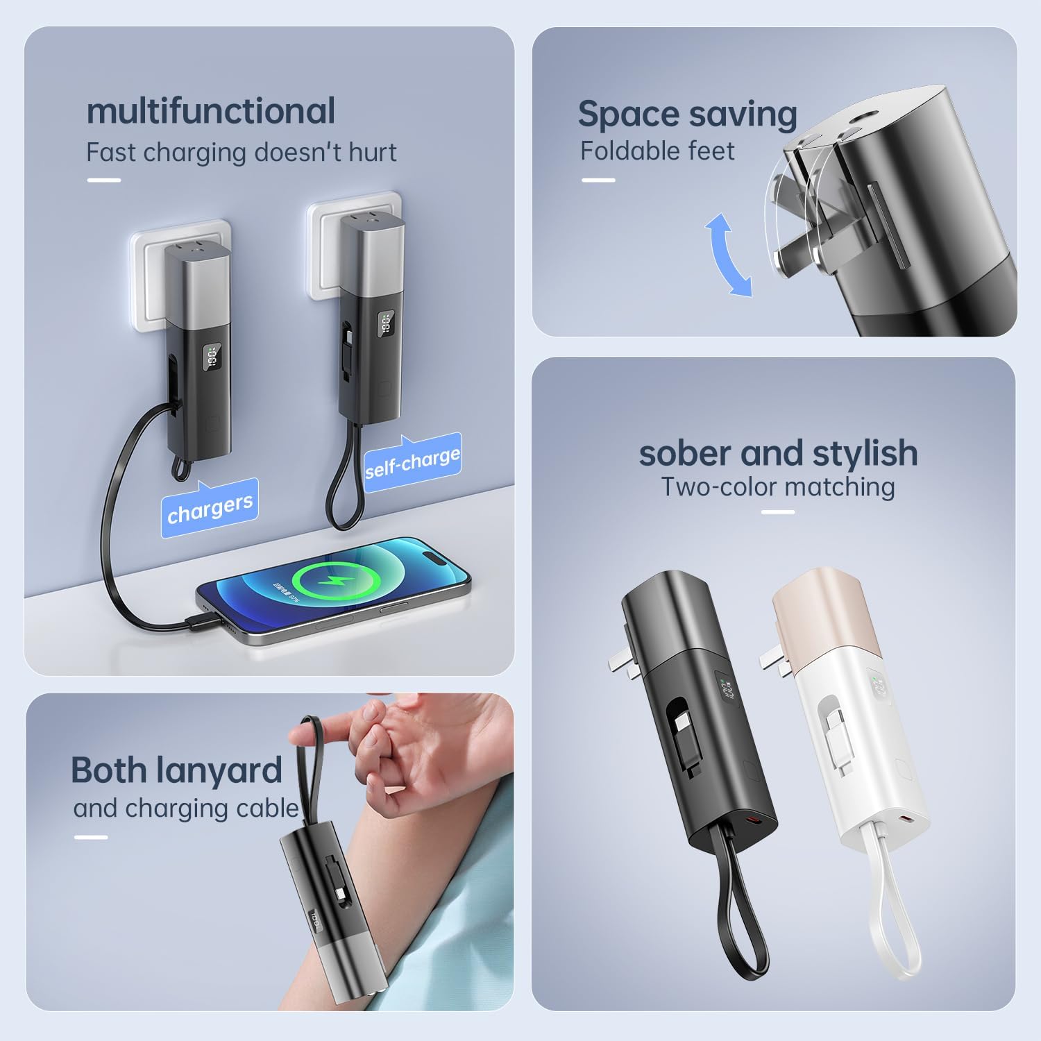 GUSGU Portable Power Bank with Foldable AC Plug, 5000mAh, USB-C, PD 20W Fast Charging – External Battery Pack for iPhone 16/15, iPad, Galaxy, Pixel, Laptops & More, Black - Image 4