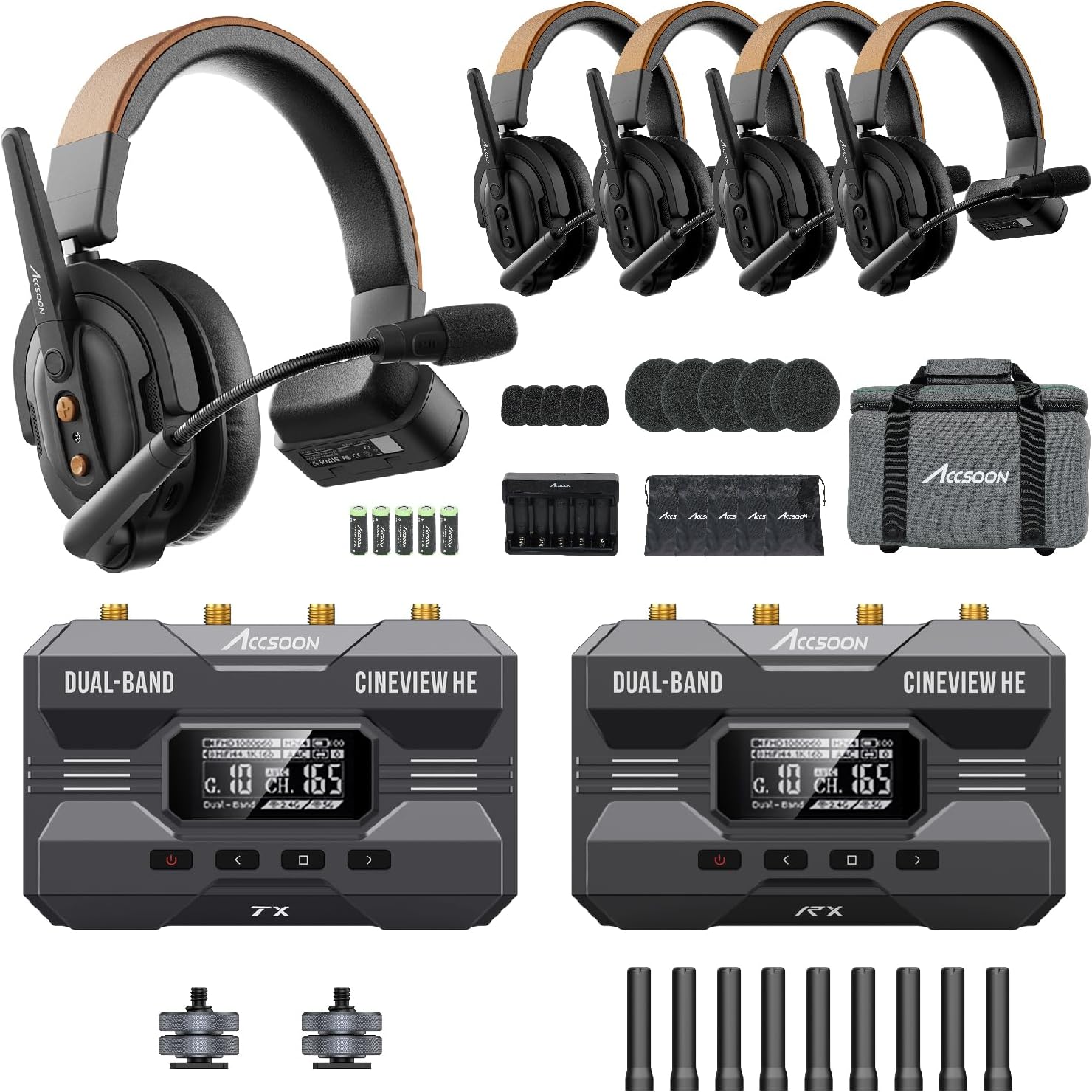 Accsoon CineView HE Wireless Video Transmission System with Como SE 5-Person 2.4GHz Full-Duplex Wireless Headset Intercom System