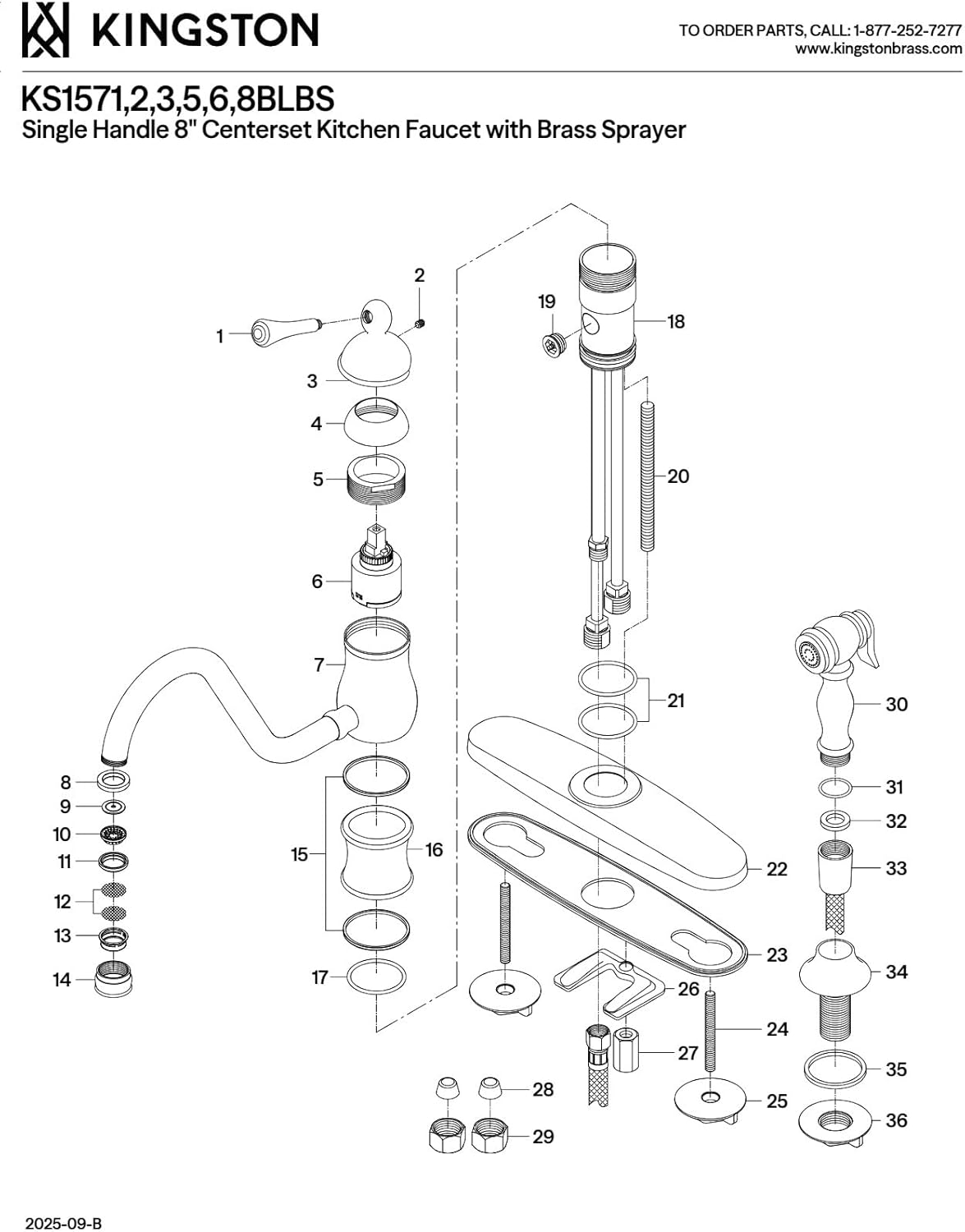 Kingston Brass KS1572BLBS Heritage Single-Handle 8" Centerset Kitchen Faucet with Brass Sprayer, Polished Brass