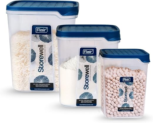 FLAIR Storewell Square Plastic Food Storage Container Set, Airtight Kitchen Containers for Rice, Atta &amp; Grains, BPA-Free, ...