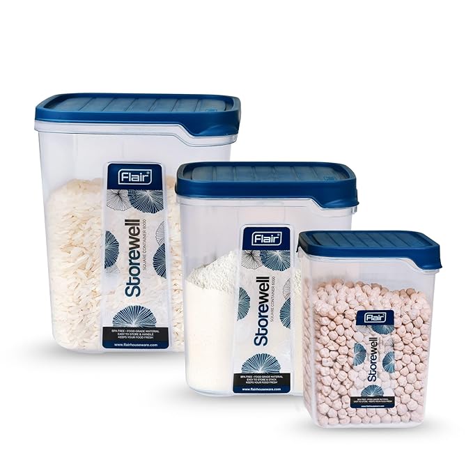 FLAIR Storewell Square Plastic Food Storage Container Set, Airtight Kitchen Containers for Rice, Atta & Grains, BPA-Free, Food Grade Storage Boxes (Blue, Set of 3 (2.4L, 6L, 8L))