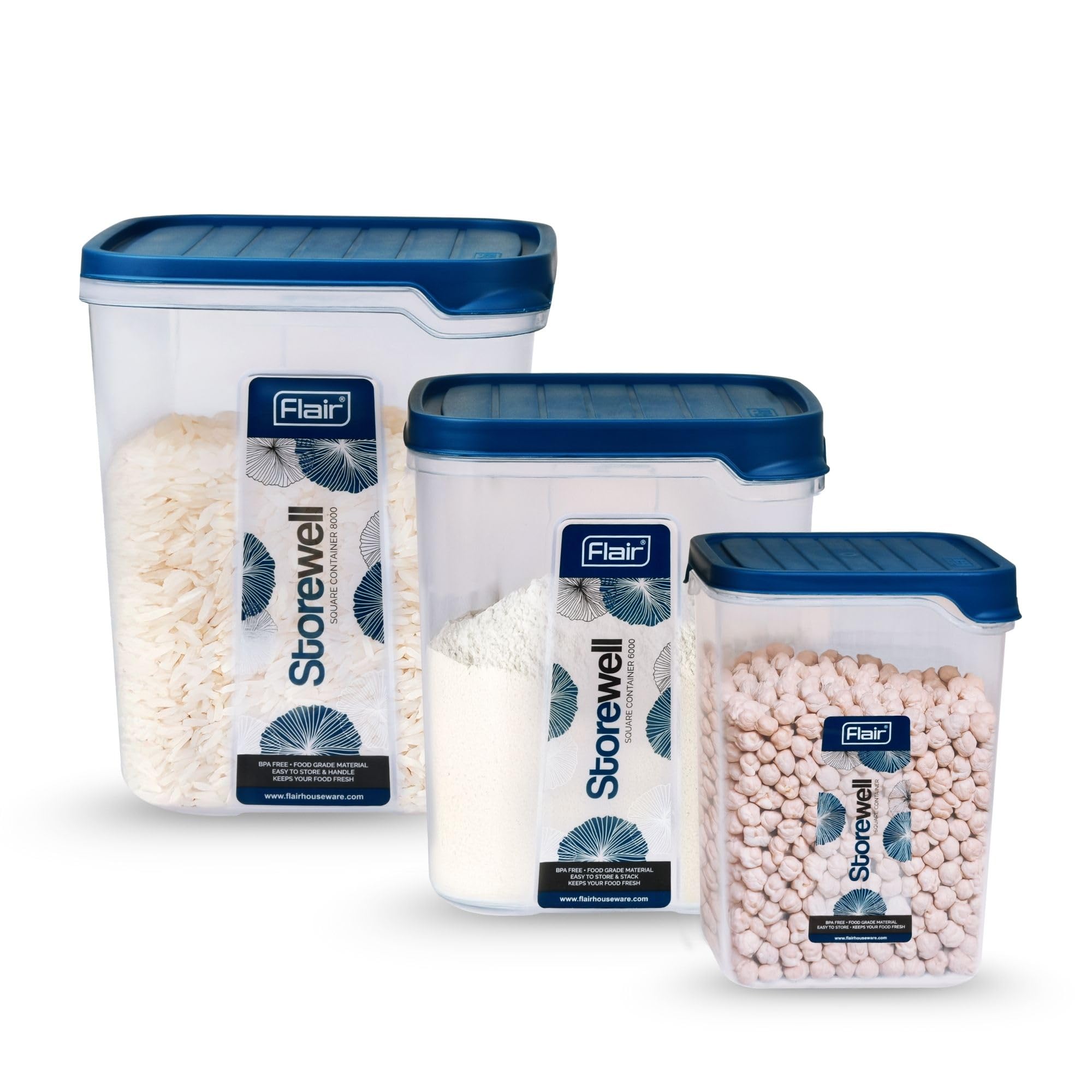 FLAIR Storewell Square Plastic Food Storage Container Set, Airtight Kitchen Containers for Rice, Atta & Grains, BPA-Free, Food Grade Storage Boxes (Blue, Set of 3 (2.4L, 6L, 8L))