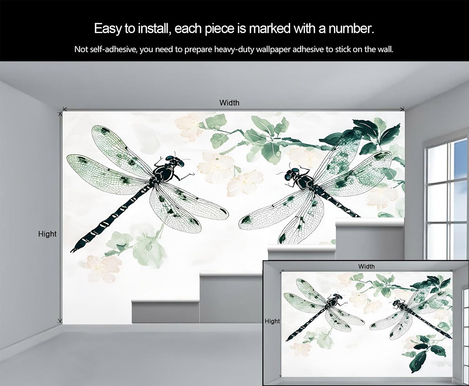 Dragonfly Wall Mural, Insects Wallpaper for Living Room, Green Bedroom Wallpaper, Apartment Children's Room Wall Decorations 103" x 69 "