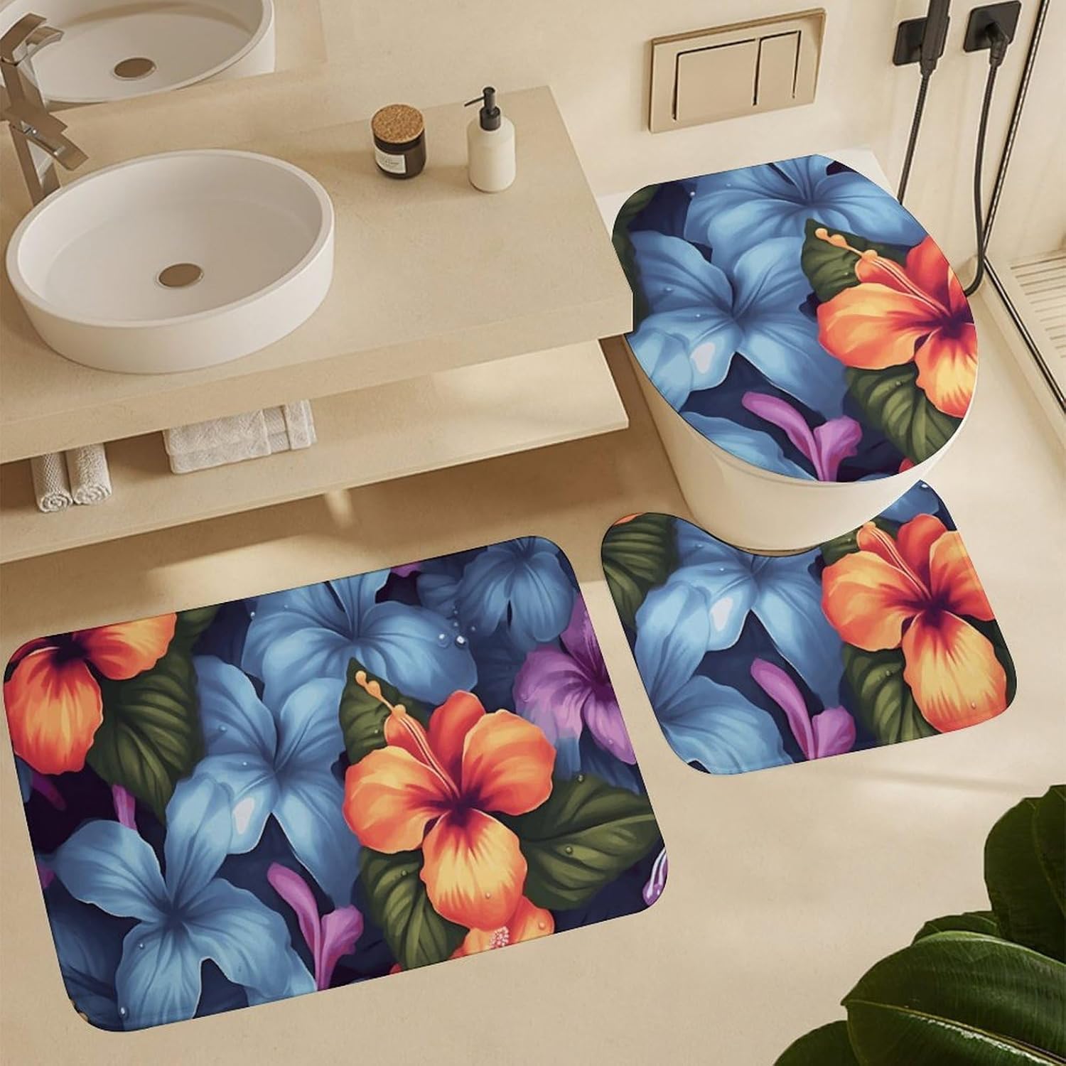 Tropical Floral Shower Curtain Set 4 Piece, Non-Slip Bath Mat with Toilet Lid Cover and Waterproof Shower Curtain with 12 Hooks, Complete Bathroom Set for Home Decor
