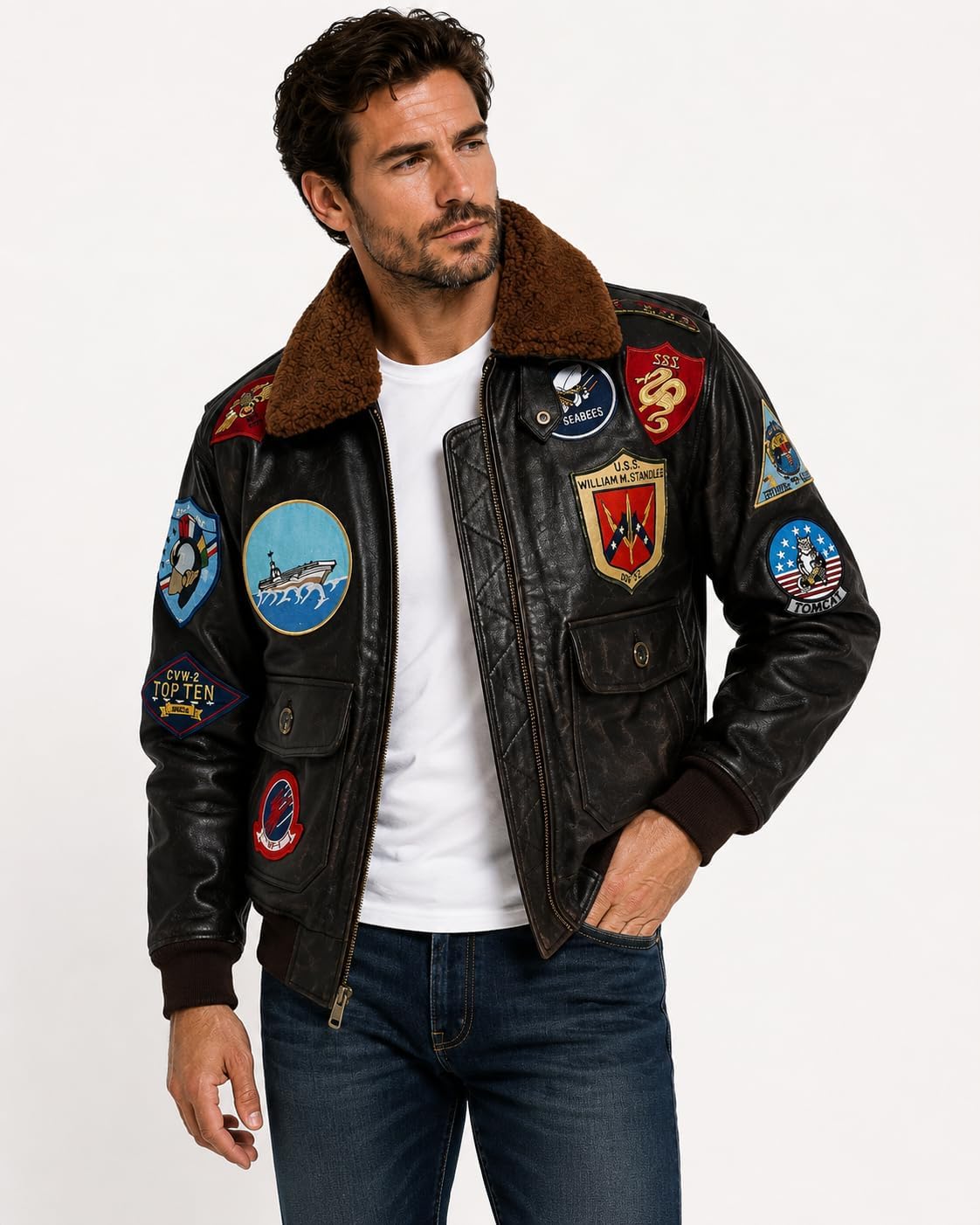 Mens Top G-1 Aviator 3 Bomber Jacket - Military Patch Leather Flight Coat USAAF Pilot Jacket for Men