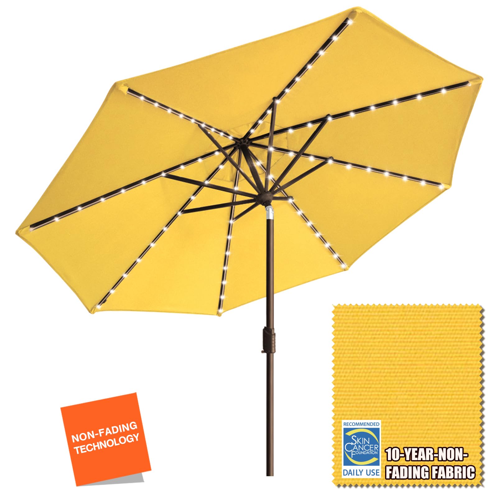 EliteShadeEliteShade USA 10-Year-Non-Fading Solar 9ft Market Umbrella with 80 LED Lights Patio Umbrellas Outdoor Table Umbrella with Ventilation, Sunflower Yellow