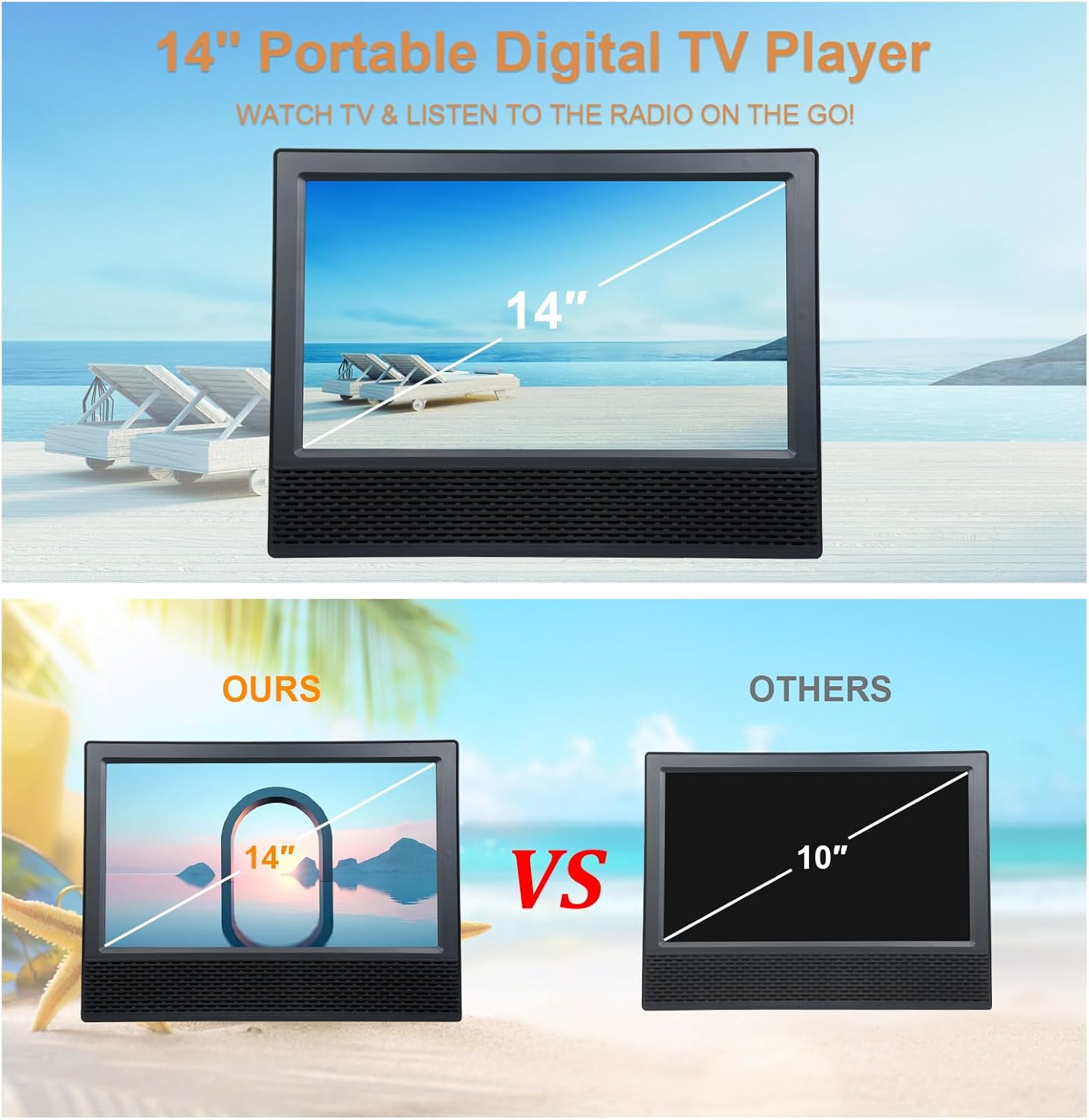 Docooler 14 inch Portable TV with Antenna, ATSC Digital TV Player with Remote Control, Mini Portable Car TV Television with Built-in 8800mAh Battery for Campervan, Camping, Outdoor, Car, Kitchen