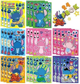 24PCS 9"x6" Cartoon Stitch Make-a-face Stickers forTeens Adult, Mixed & Matched with 8 Designed Characters Stickers