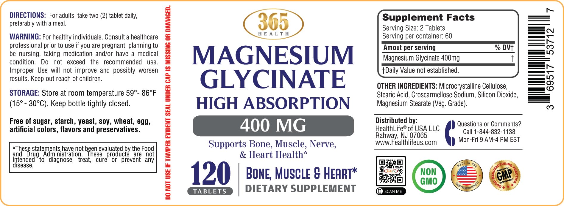 365 Health Magnesium Glycinate, 400mg Per Serving, 120 Tablets, High Absorption Supplement for Bone, Muscle & Heart Health — Amazon image 4
