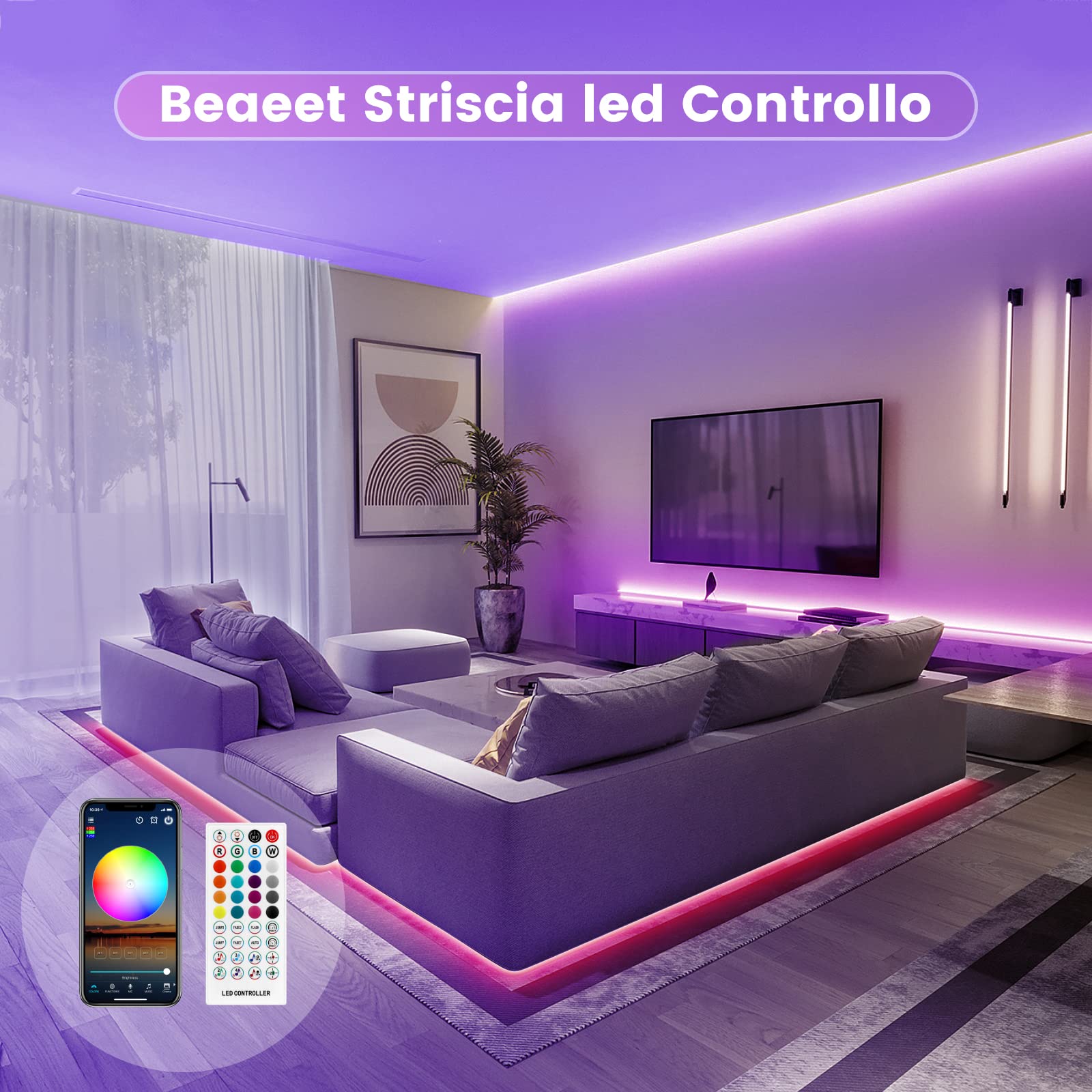 Beaeet Striscia Led 5 Metri, Led Striscia Comandabile Tramite app E telecomando,Strisce Led Sincronizzazione Musicale,per Decorazioni Casa, Bar, Festa