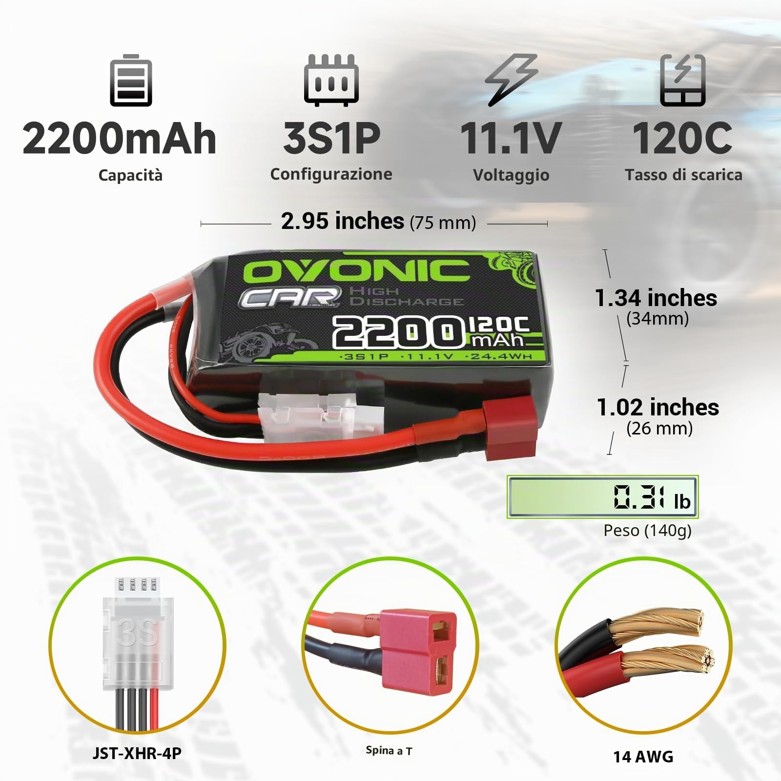 OVONIC Batteria Lipo da 3 s, 11,1 V, 120 C, 2200 mAh, con spina Deans per elicottero aereo, specifica per aereo RC Car RC (2 confezioni)