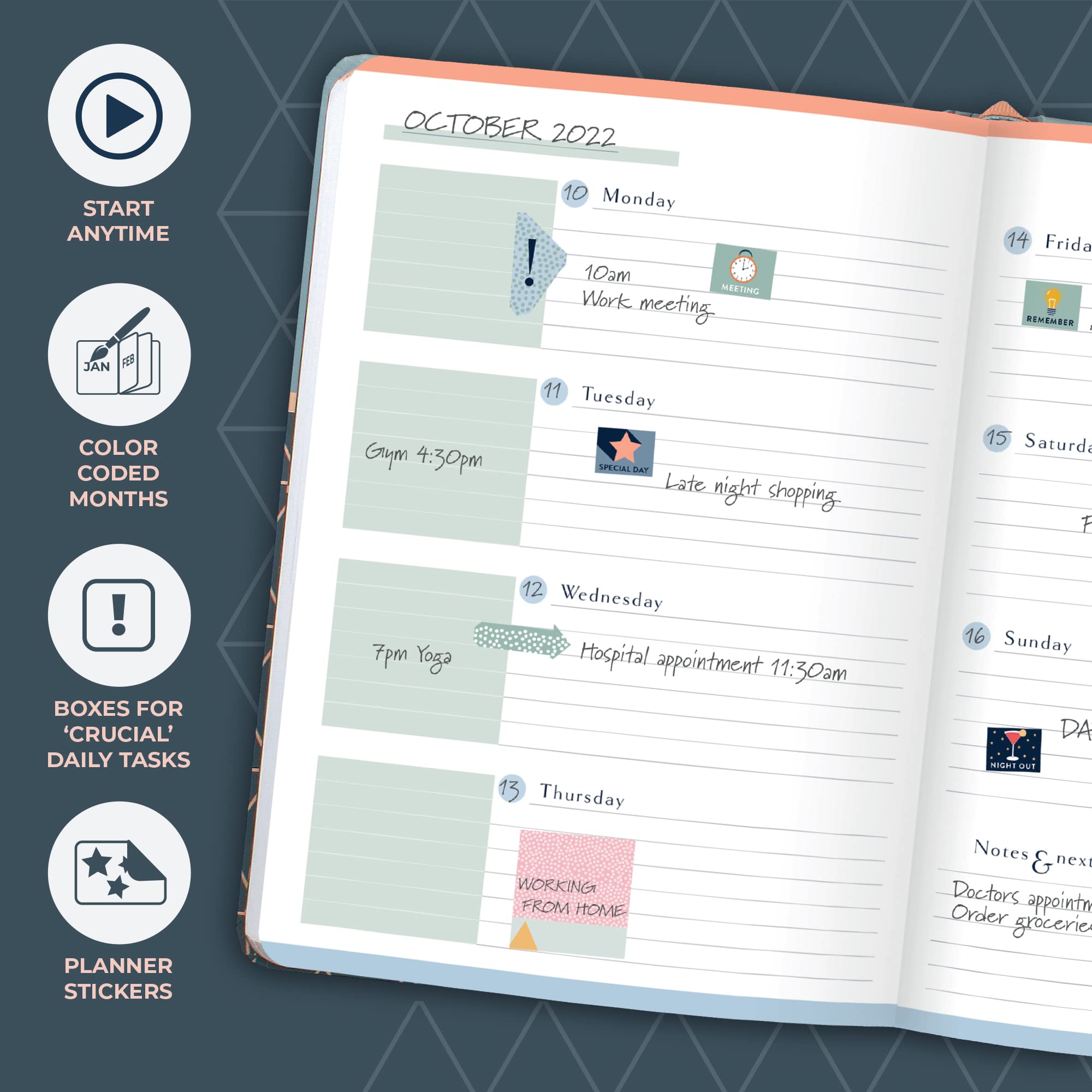 (In inglese) Agenda non datato Perfect Year Boxclever Press. Raggiungi gli obiettivi con la bellissima agenda senza date. Agenda settimanale 12 mesi con riepiloghi mensili, note e adesivi (Geometria)