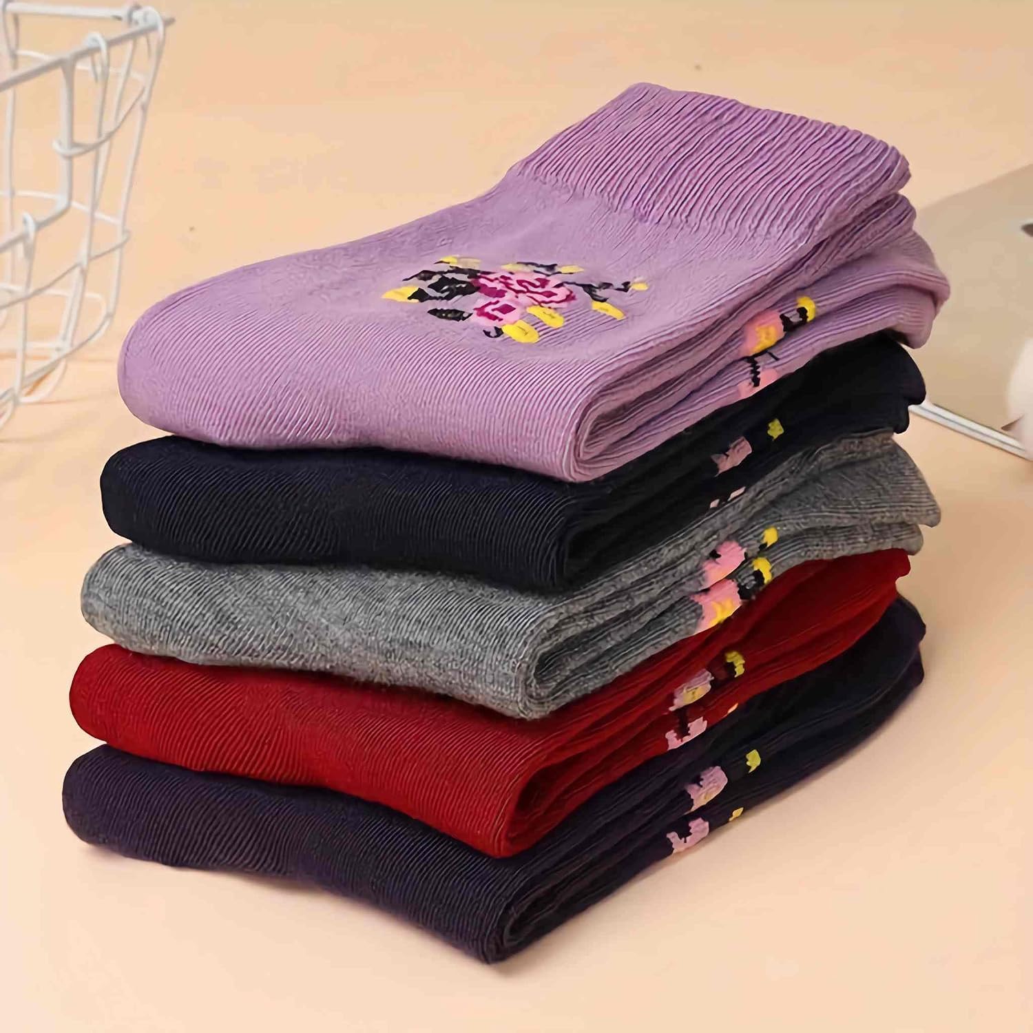 Floral Crew Socks For Women, Cotton Mid Calf Thick Knit Vintage Cute Floral Crew Socks, Women's Socks Patterned Flower Ankle Socks Ribbed Breathable