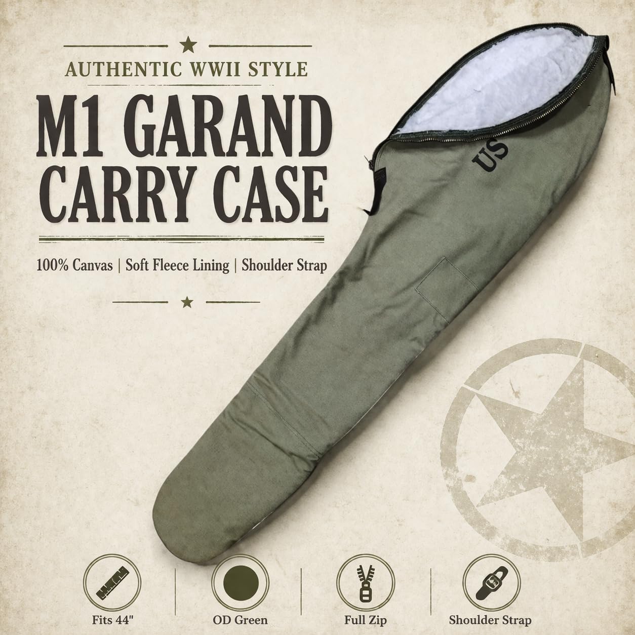 U.S. WWII Fleece Lined M1 GARAND Case with Carry Strap - Marked U.S.OD GREEN Color