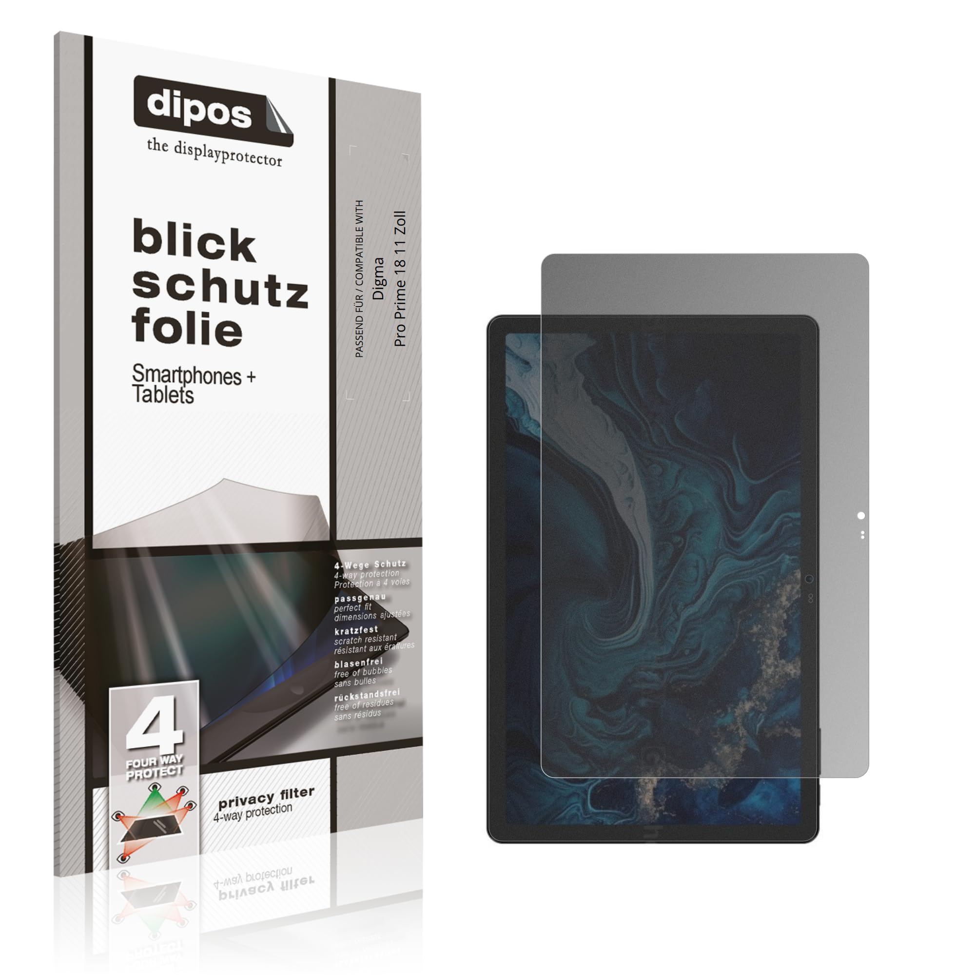 dipos Protector de Pantalla Antiespía para Digma Pro Prime 18 11 Zoll | Película protectora mate, filtro de privacidad 4 vías, ajuste perfecto, antiarañazos, sin burbujas, autoadhesivo