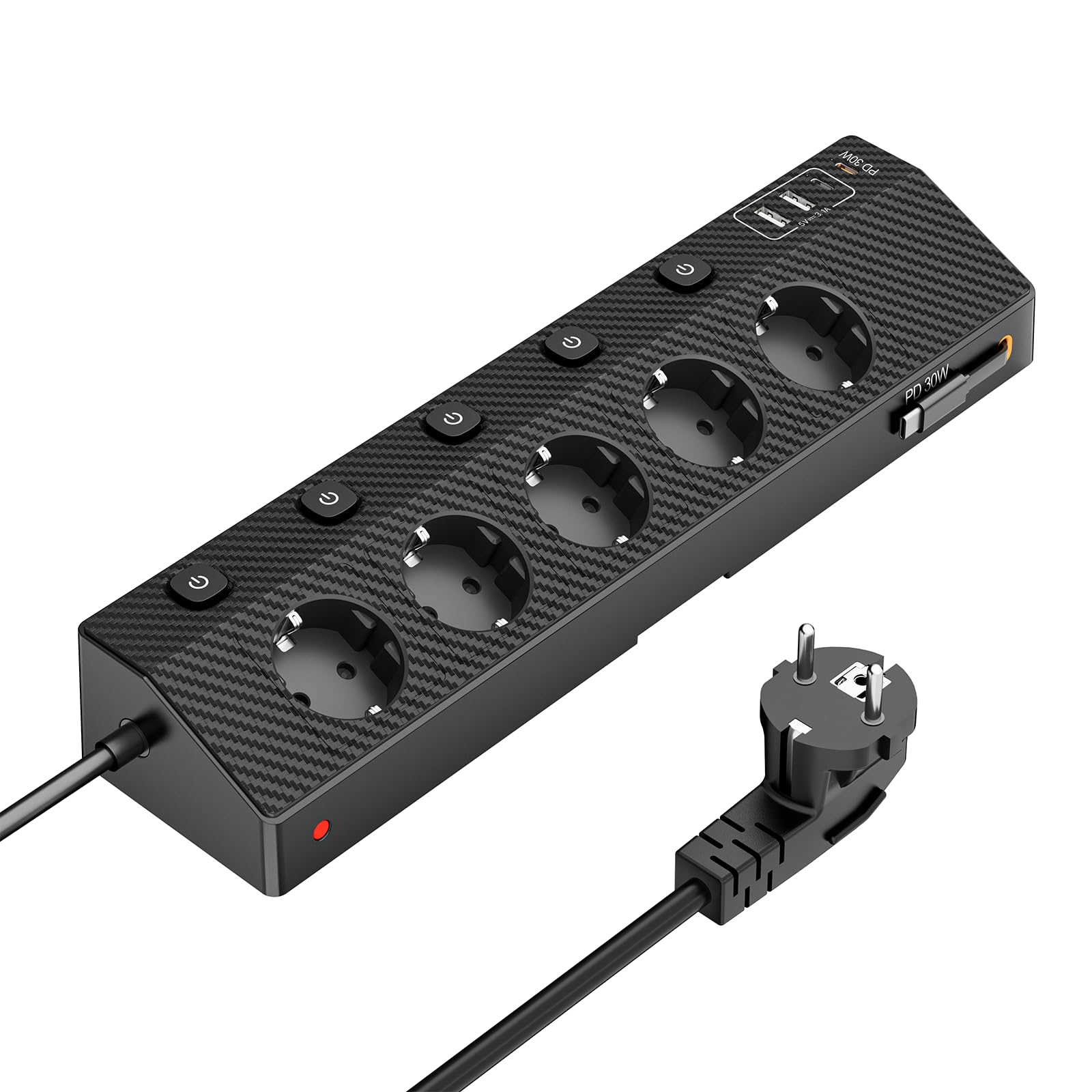 Tischsteckdose Steckdosenleiste mit 2 USB C (PD 30W),5 Fach Mehrfachsteckdose mit Schalter,Steckdosenleiste mit USB,4000W/16Amit 2M Kabel für Zuhause Büro und Reisen